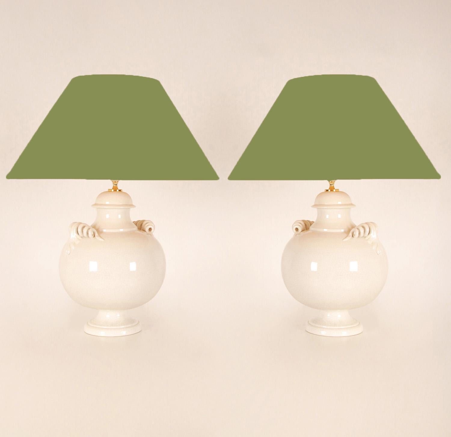 Glazed Vintage Italian Ceramic Table Lamps Handmade Off White Majolica Vase Lamps Pair