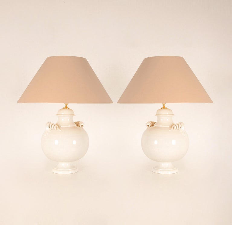 Vintage Italian Ceramic Table Lamps Handmade Off White Majolica Vase Lamps  Pair For Sale at 1stDibs