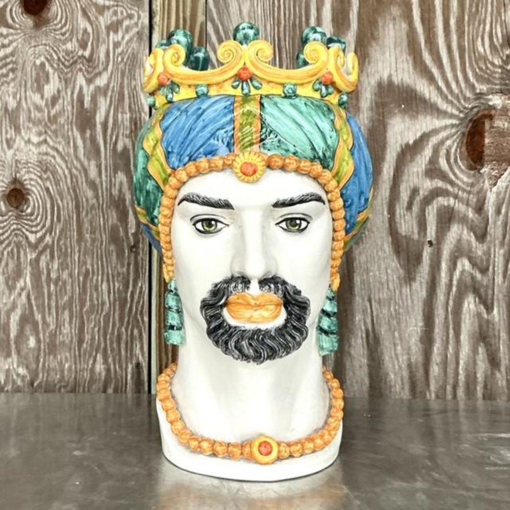 Vintage Italian Ceramiche Di Caltagirone Hand Painted Figure Planter In Good Condition For Sale In west palm beach, FL