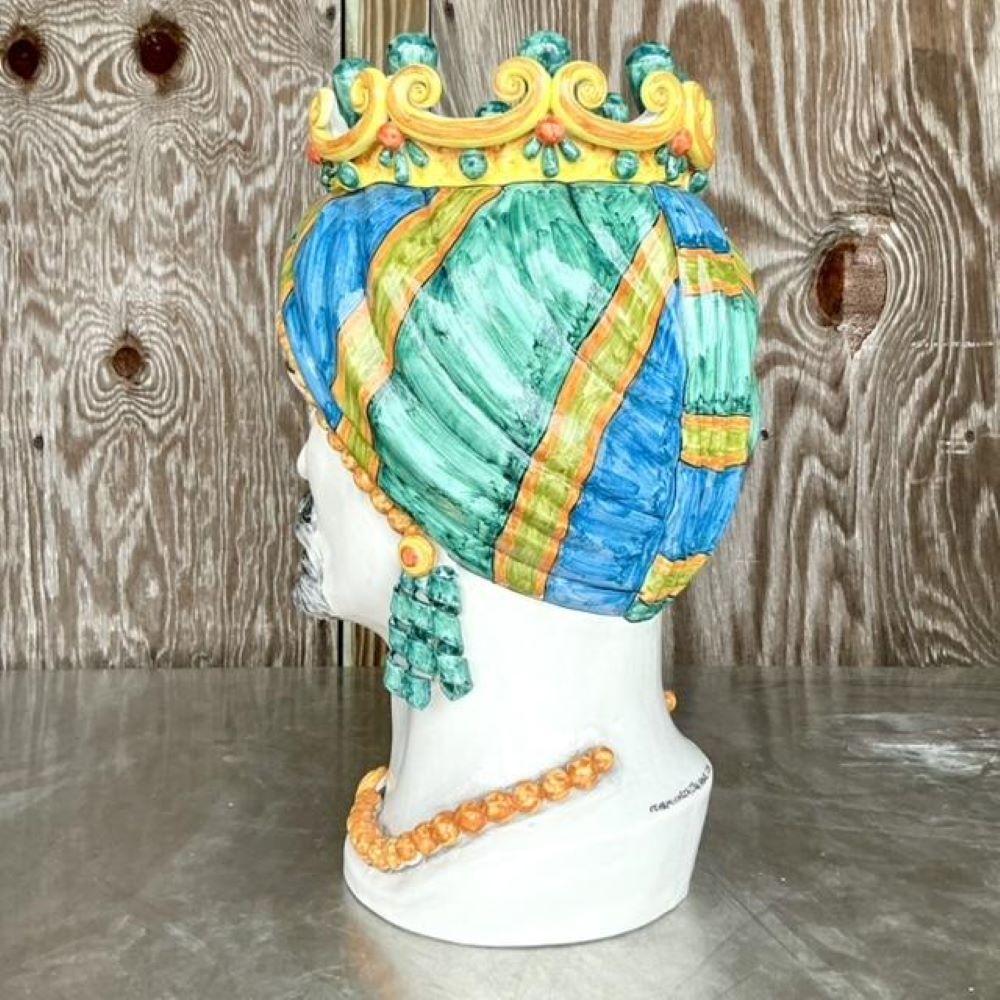 Contemporary Vintage Italian Ceramiche Di Caltagirone Hand Painted Figure Planter For Sale