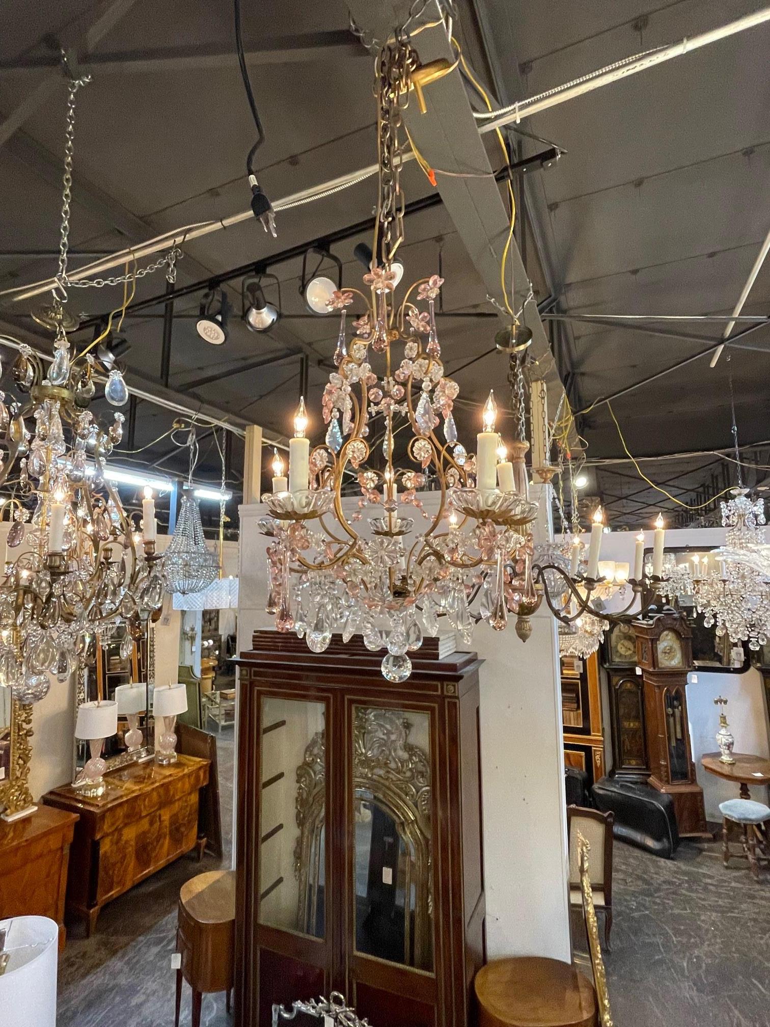 Vintage Italian gilt brass and pink crystal chandelier, circa 1940. The chandelier has been professionally re-wired, cleaned and is ready to hang. Includes matching chain and canopy.
 