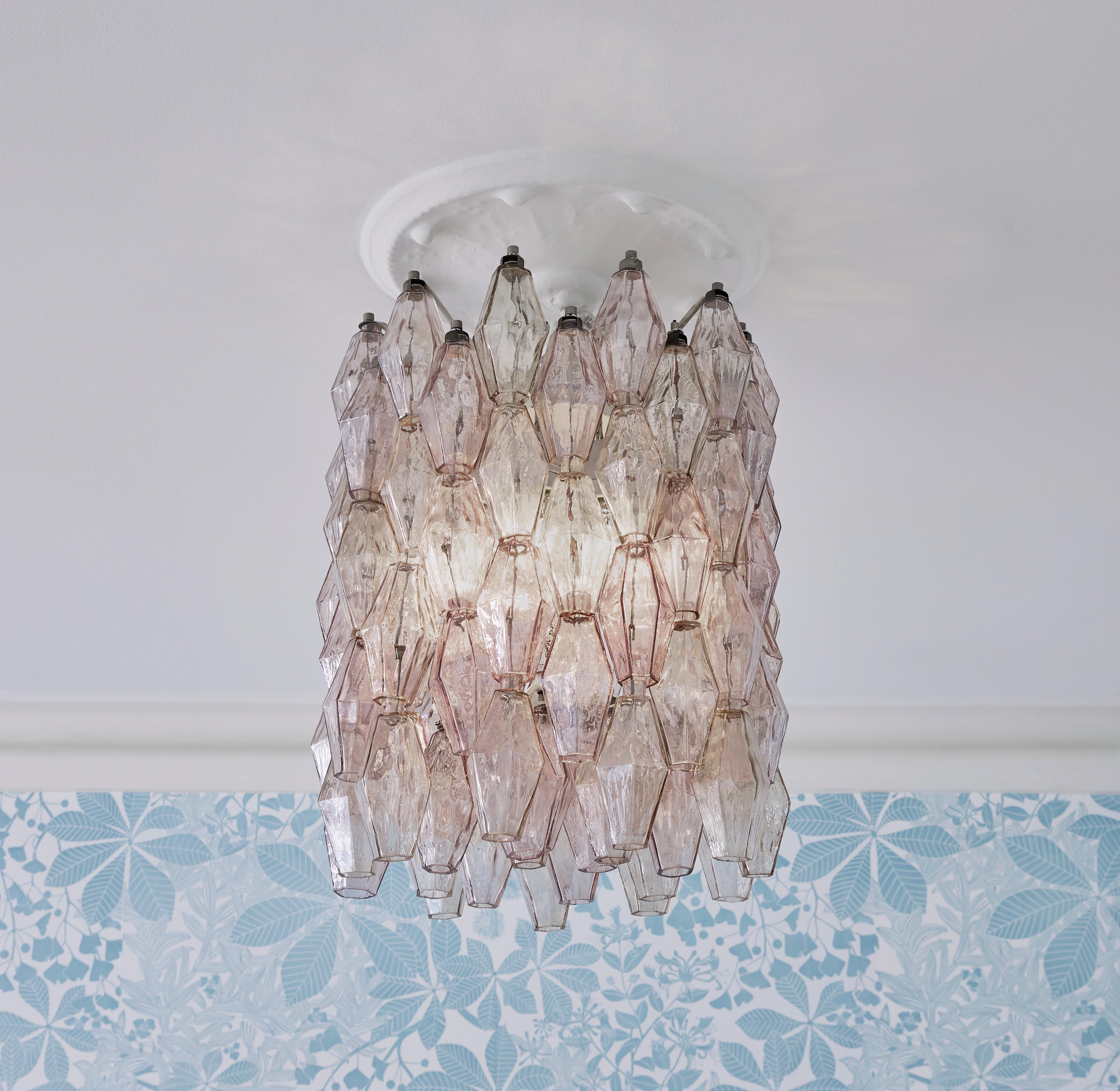 Gorgeous vintage, Italian chandelier in polyhedral smoked blown Murano glass, in color soft pink.