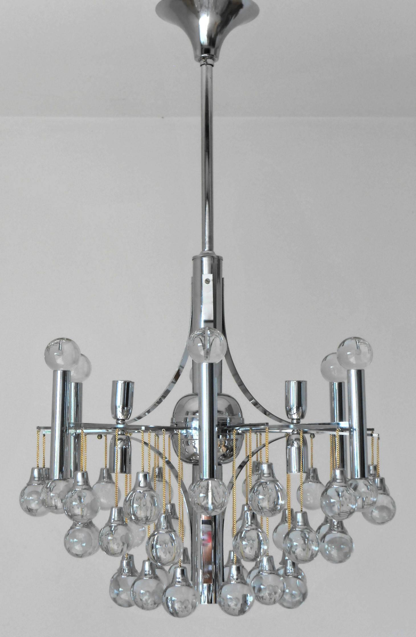 Vintage Italian chandelier w/ multiple glass spheres & chrome metal frame. Designed by Sciolari circa 1970.