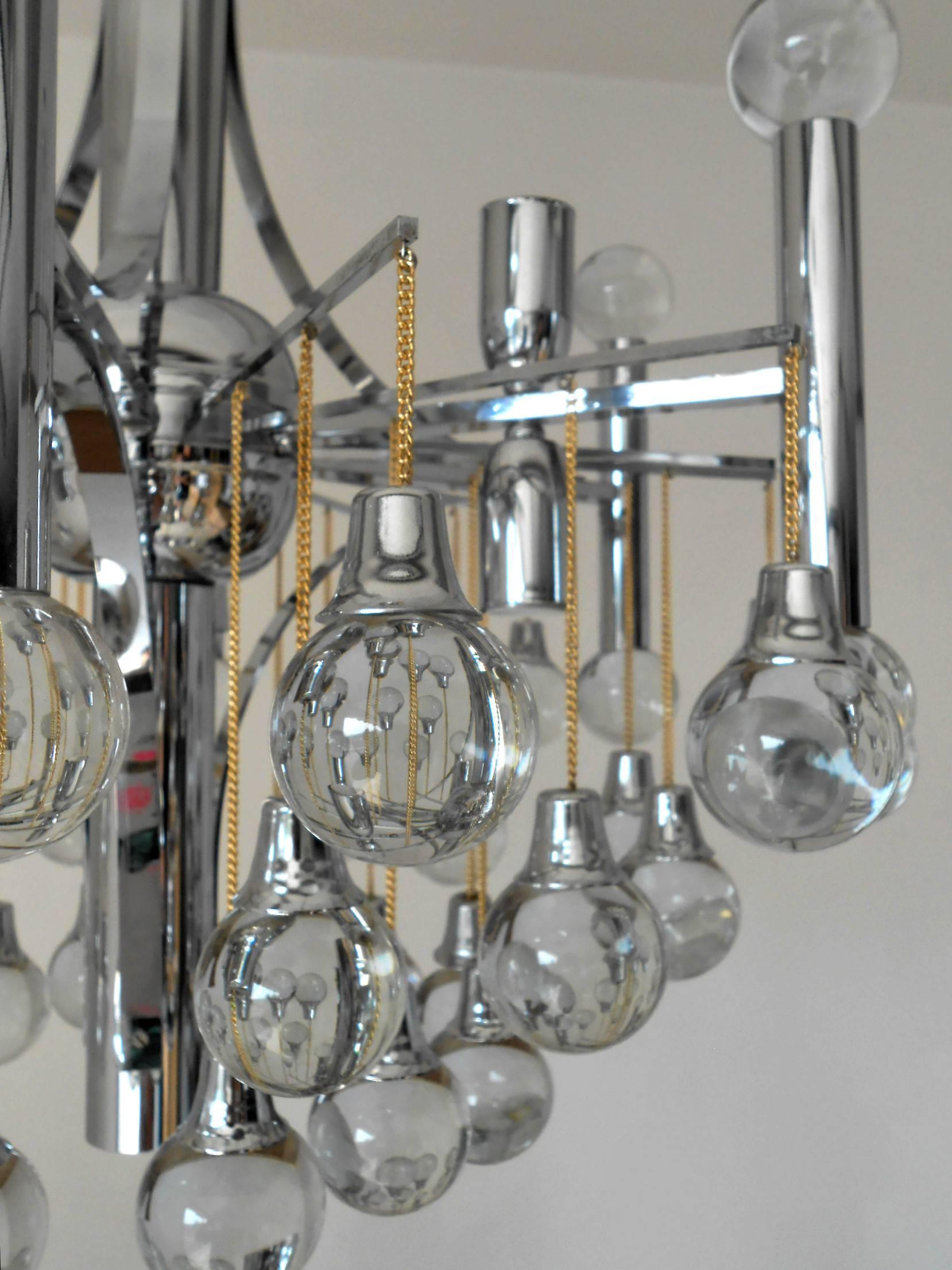 Vintage Italian Chandelier, Multiple Glass Spheres, Chrome Metal Frame, Sciolari In Good Condition For Sale In Los Angeles, CA