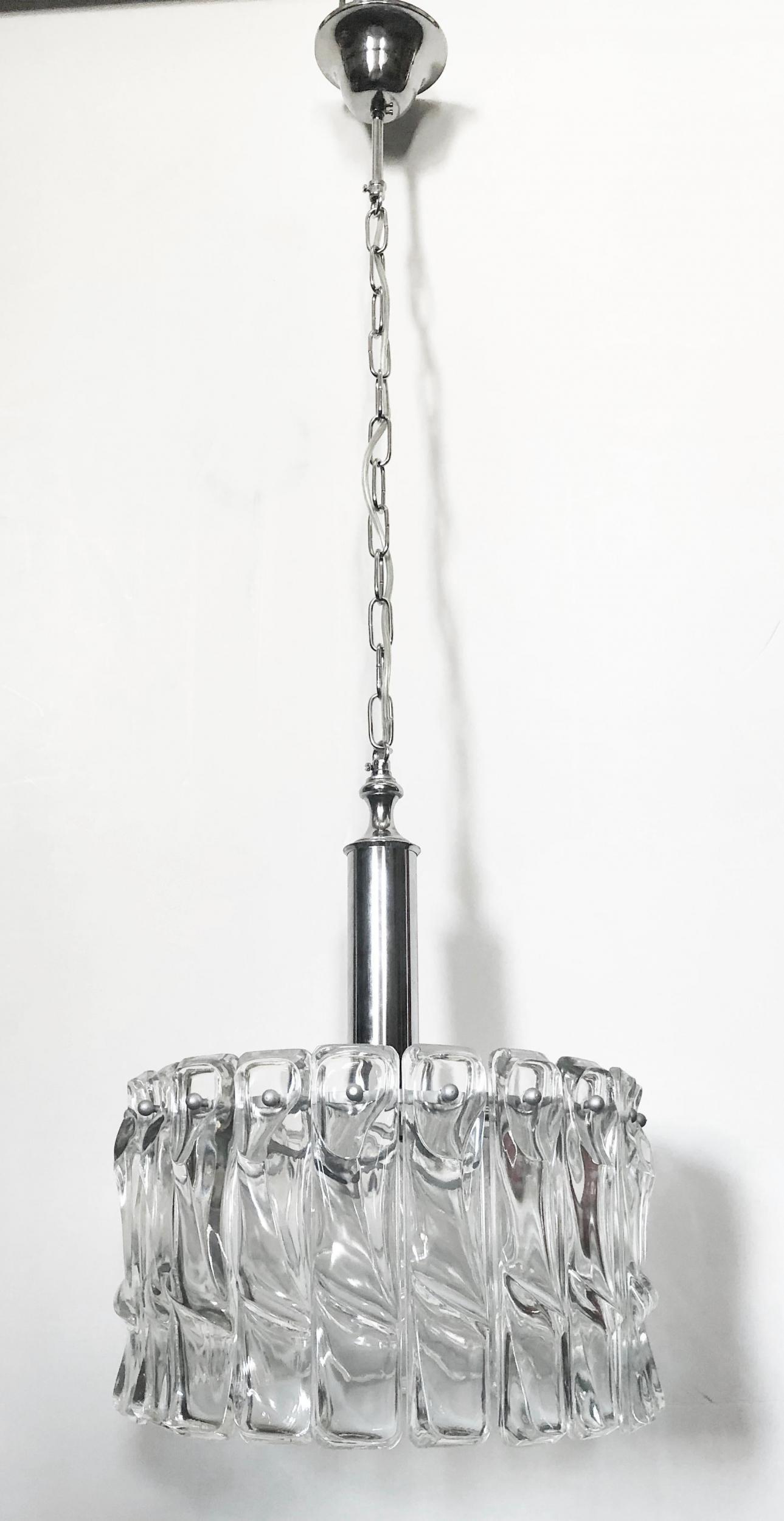 Vintage Italian Chandelier w/ clear textured Murano glass pendant with nickel hardware / Made in Italy in the 1960s.