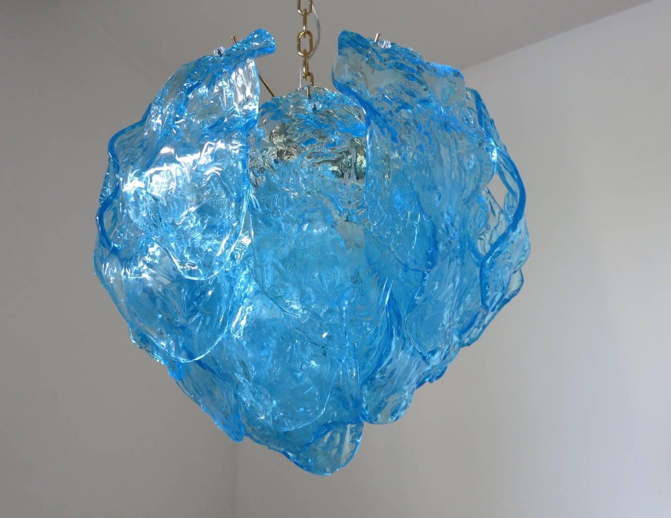 Vintage Italian Chandelier w / Hand Blown Aqua Blue Murano Glass Leaves, 1960’s In Good Condition In Los Angeles, CA