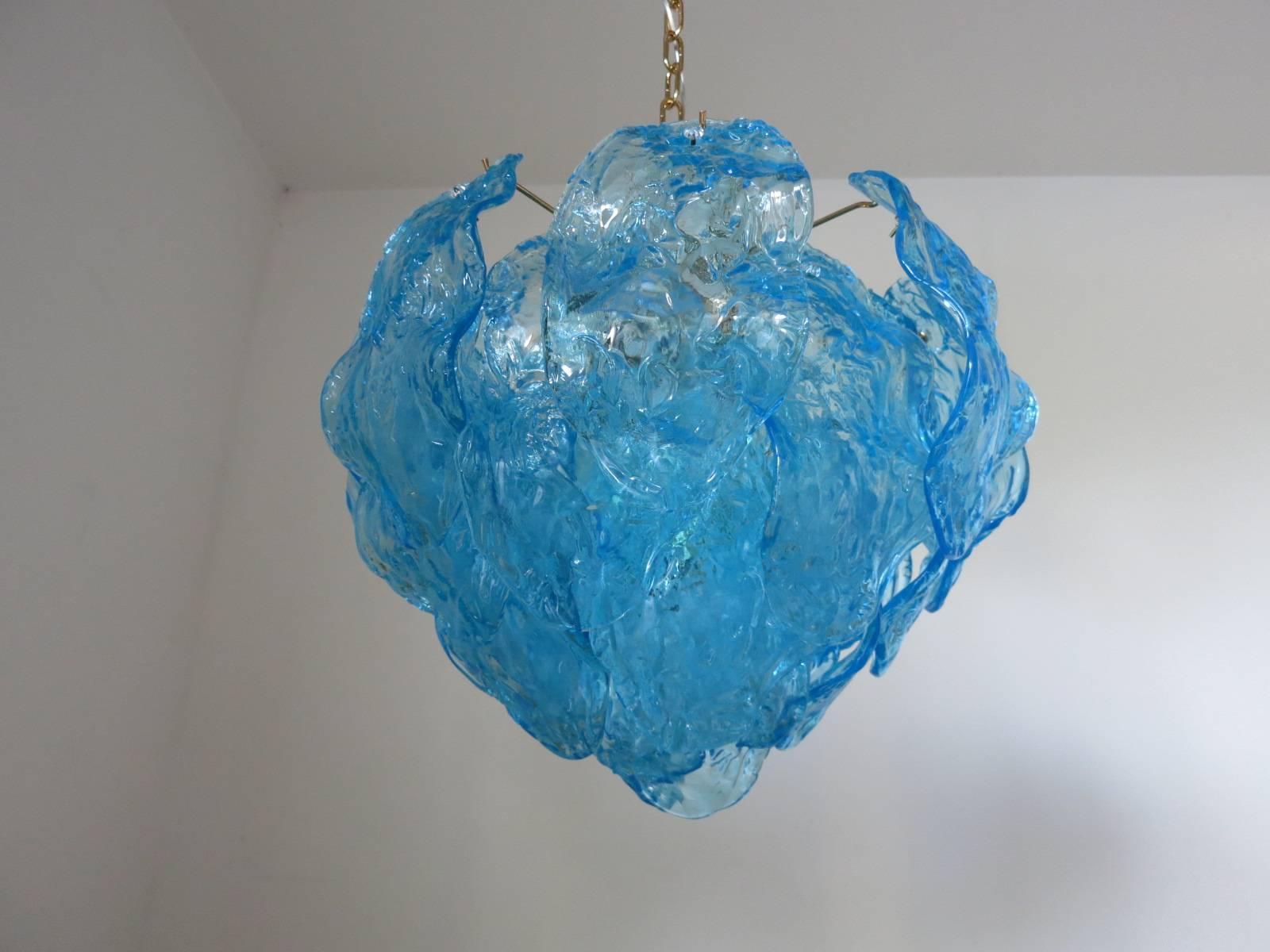 Mid-20th Century Vintage Italian Chandelier w / Hand Blown Aqua Blue Murano Glass Leaves, 1960’s