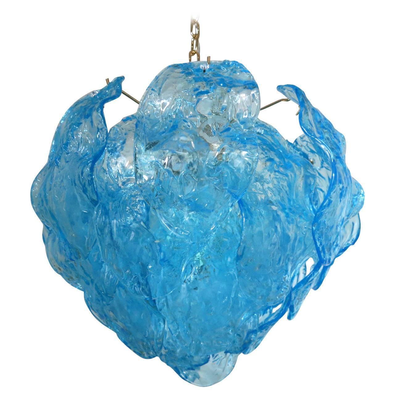 Vintage Italian Chandelier w / Hand Blown Aqua Blue Murano Glass Leaves, 1960�’s