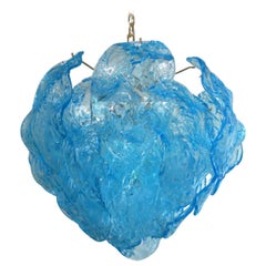 Vintage Italian Chandelier w / Hand Blown Aqua Blue Murano Glass Leaves, 1960’s