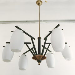 Vintage Italian Chandelier w/ Murano Glass Shades Style of Stilnovo, circa 1960