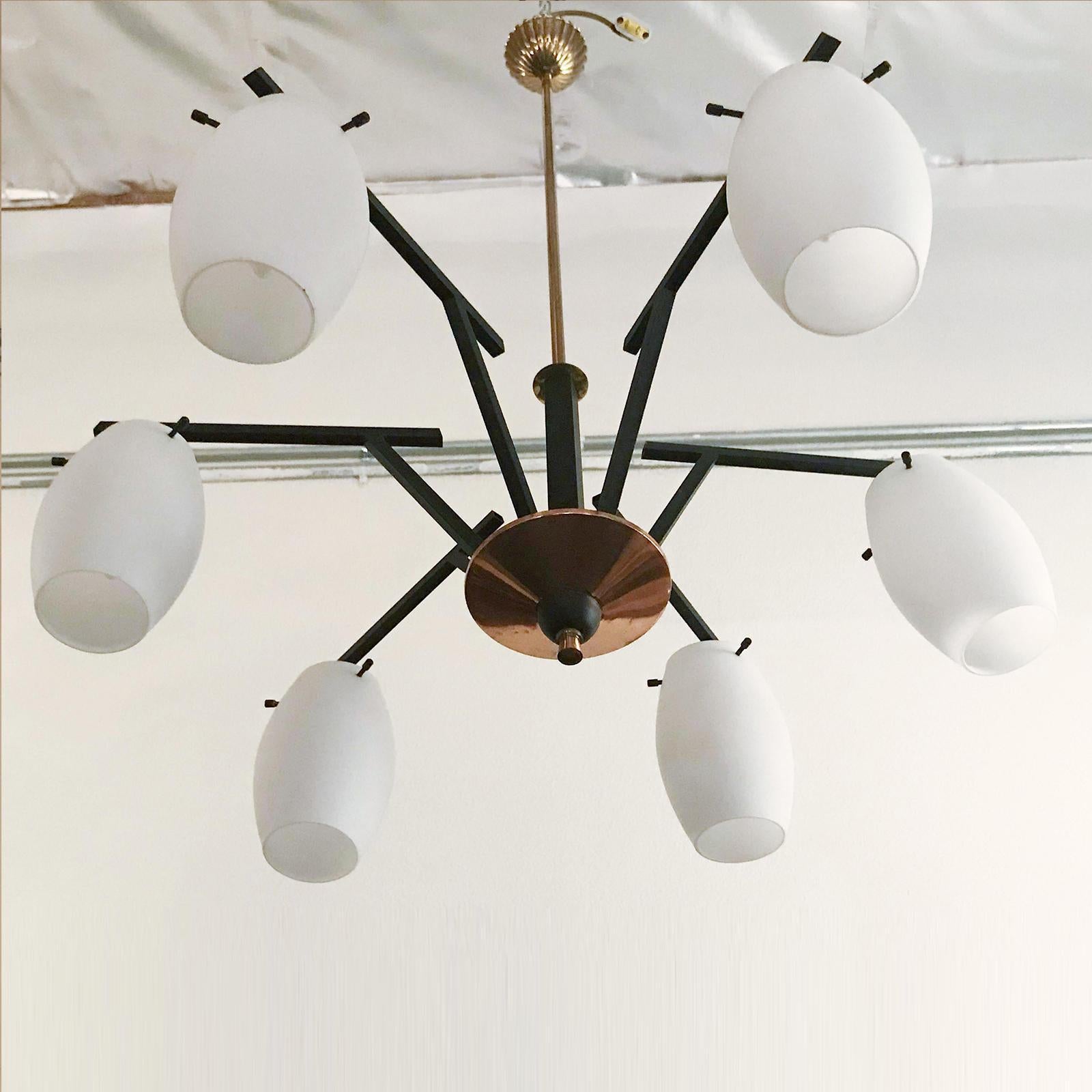 Modern Vintage Italian Chandelier w/ Murano Glass Shades Style of Stilnovo, circa 1960 For Sale