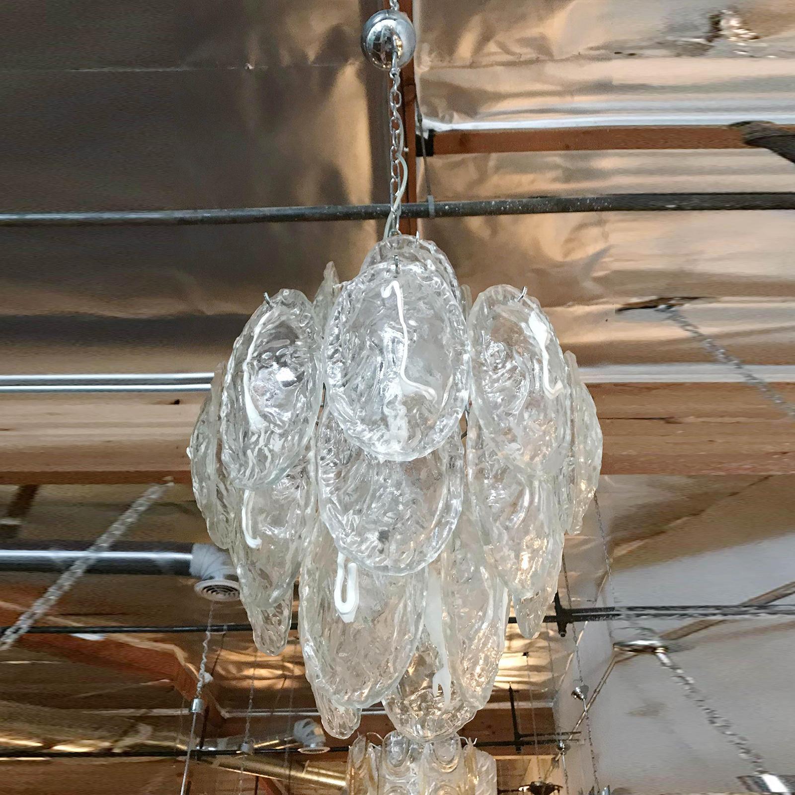 Vintage Italian Chandelier w / Murano Glass Shells Designed by Mazzega, c 1960s In Good Condition For Sale In Los Angeles, CA