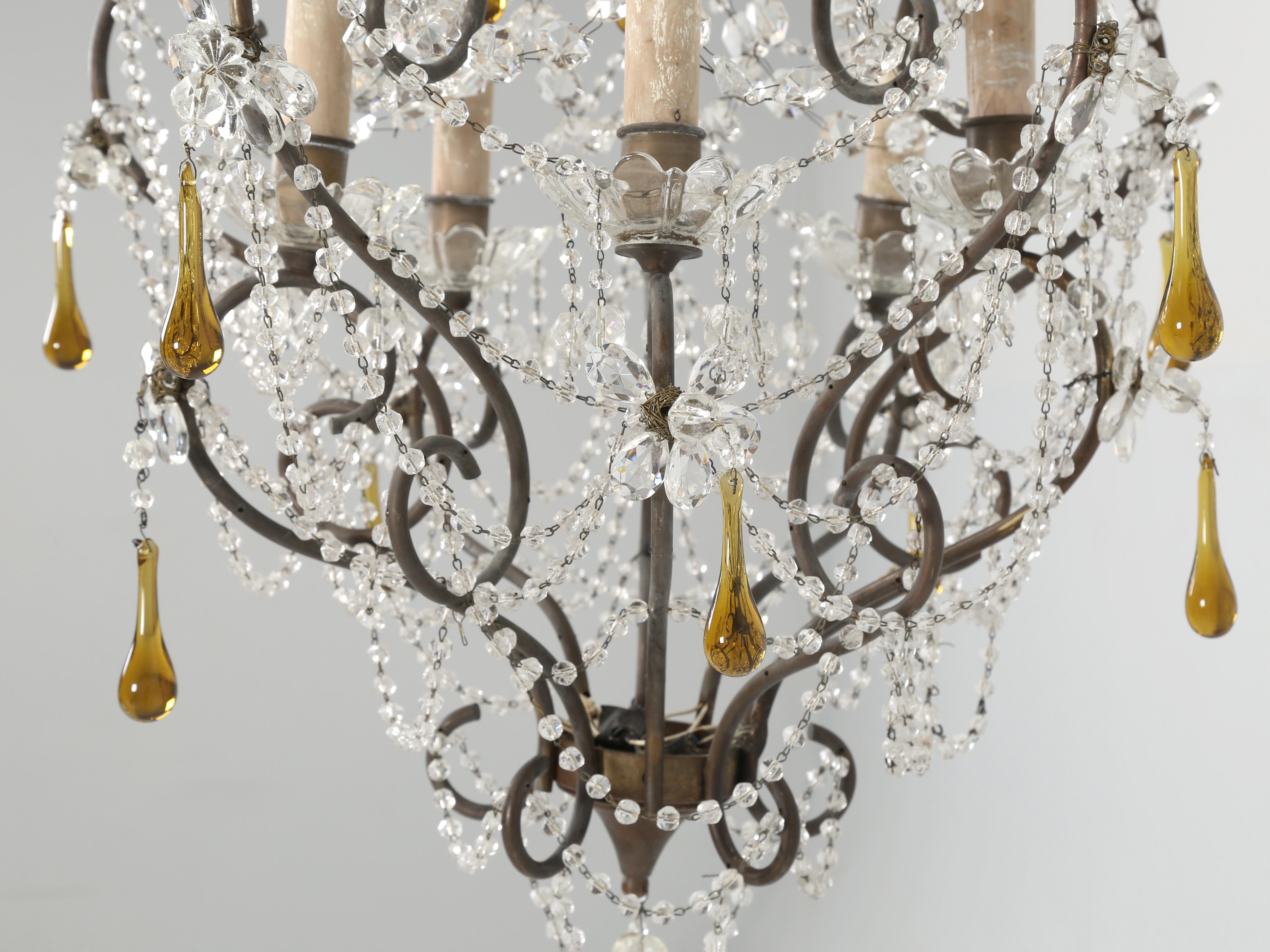 Vintage Italian Chandelier with Amber Drops and Glass Flowers For Sale 9
