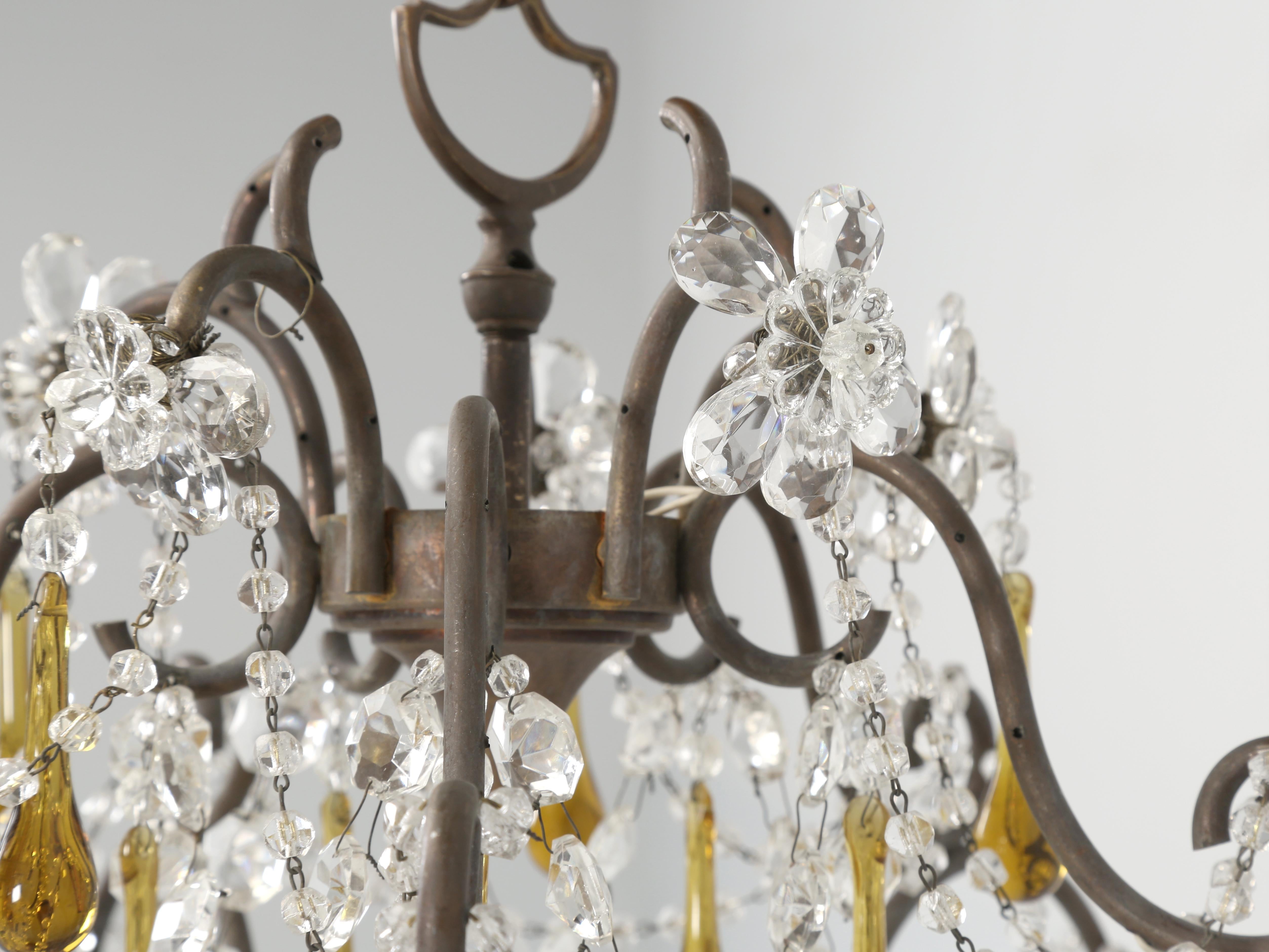 Hand-Crafted Vintage Italian Chandelier with Amber Drops and Glass Flowers For Sale