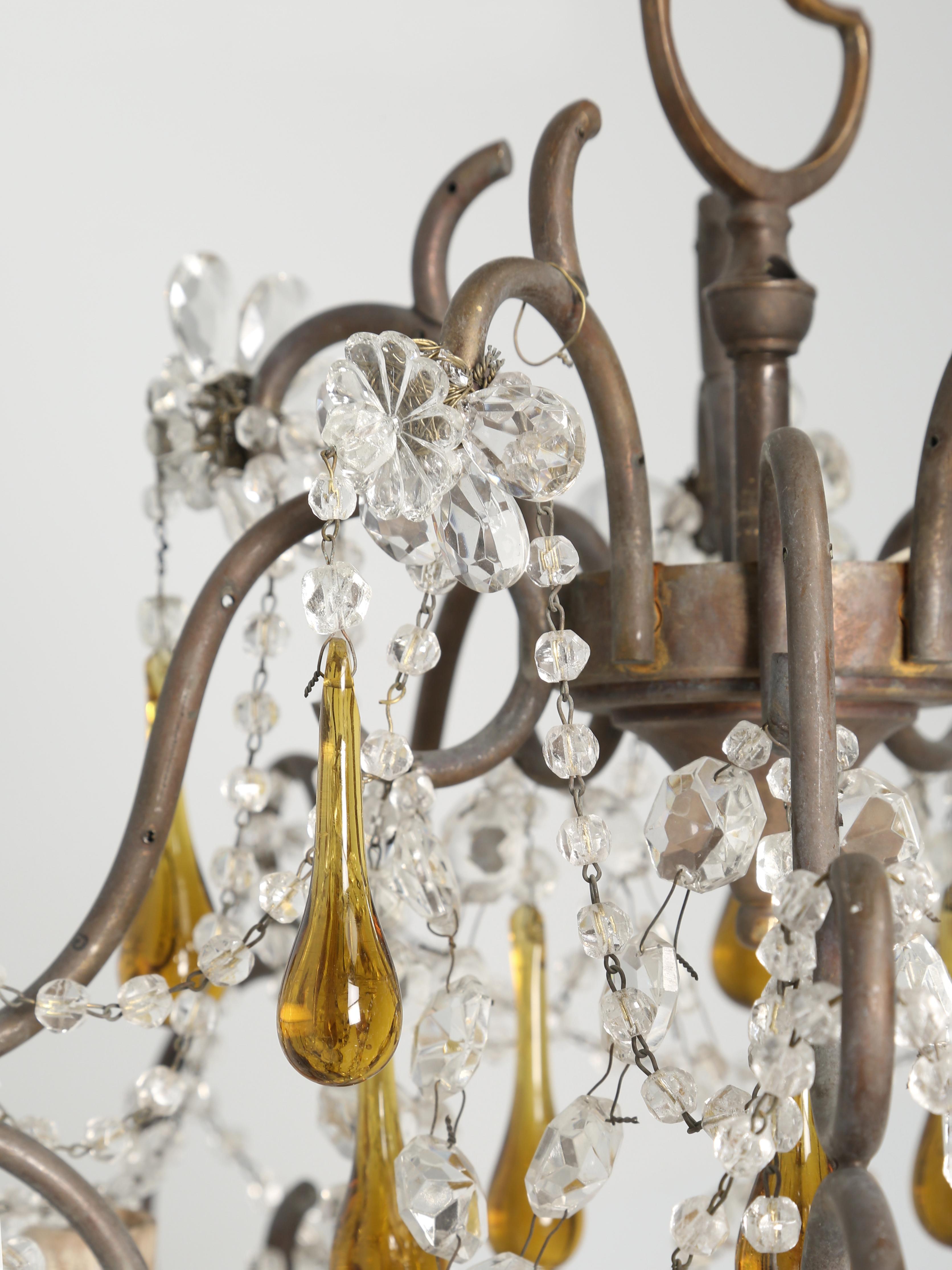 Vintage Italian Chandelier with Amber Drops and Glass Flowers In Good Condition For Sale In Chicago, IL
