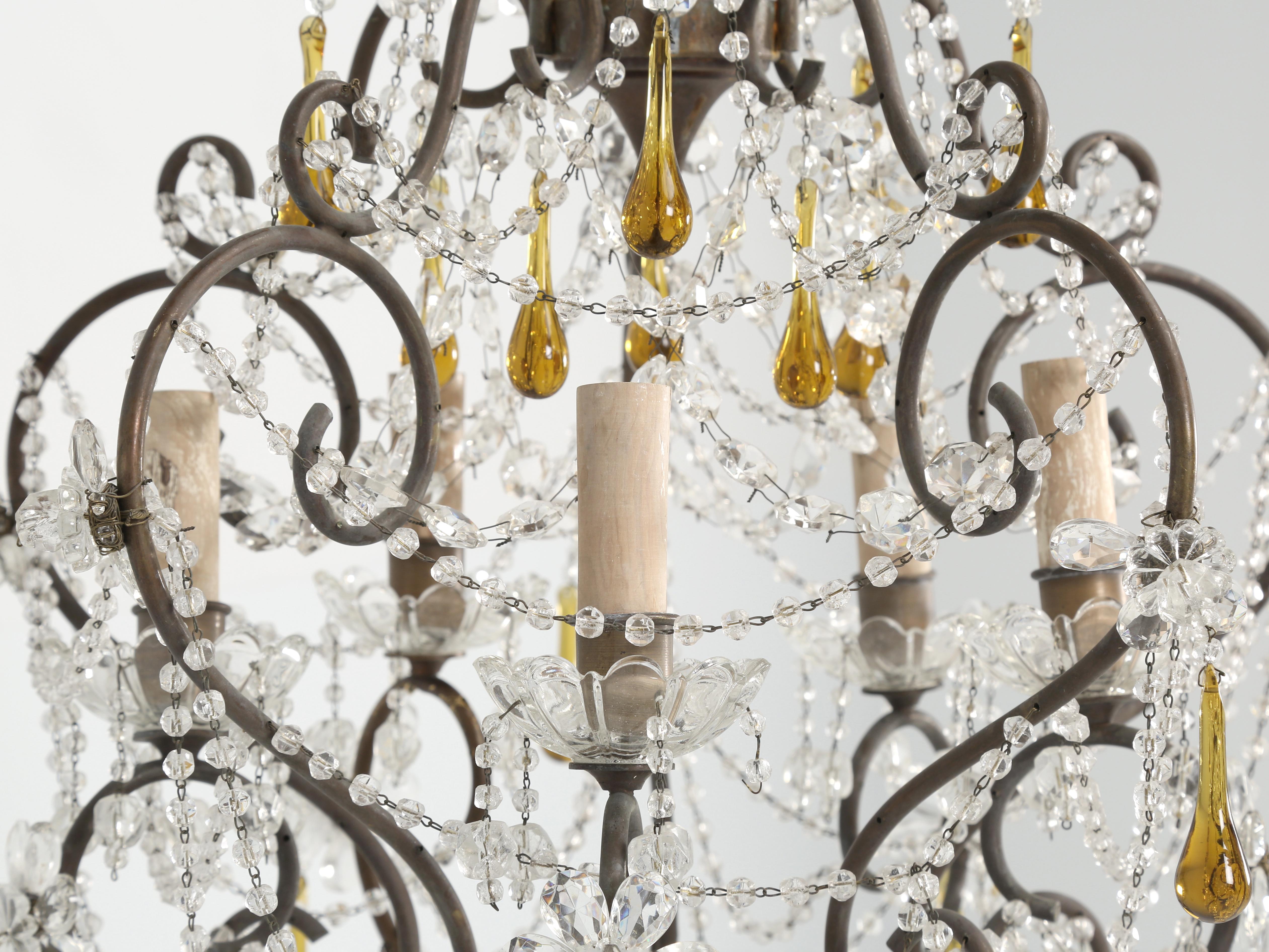 Mid-20th Century Vintage Italian Chandelier with Amber Drops and Glass Flowers For Sale