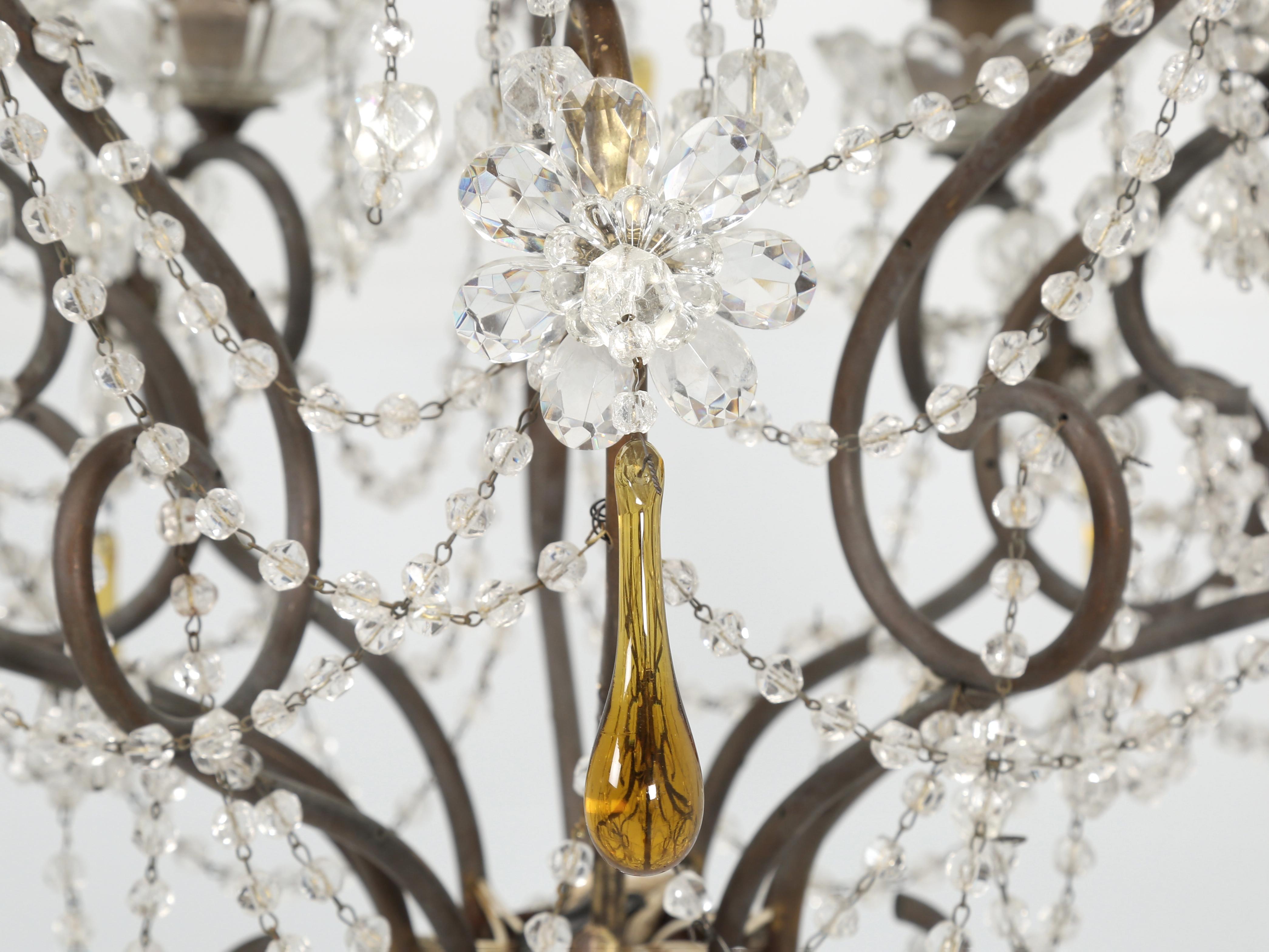 Cut Glass Vintage Italian Chandelier with Amber Drops and Glass Flowers For Sale