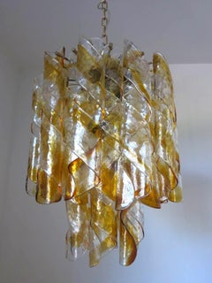 Vintage Italian Chandelier with Clear & Amber Glass by Mazzega
