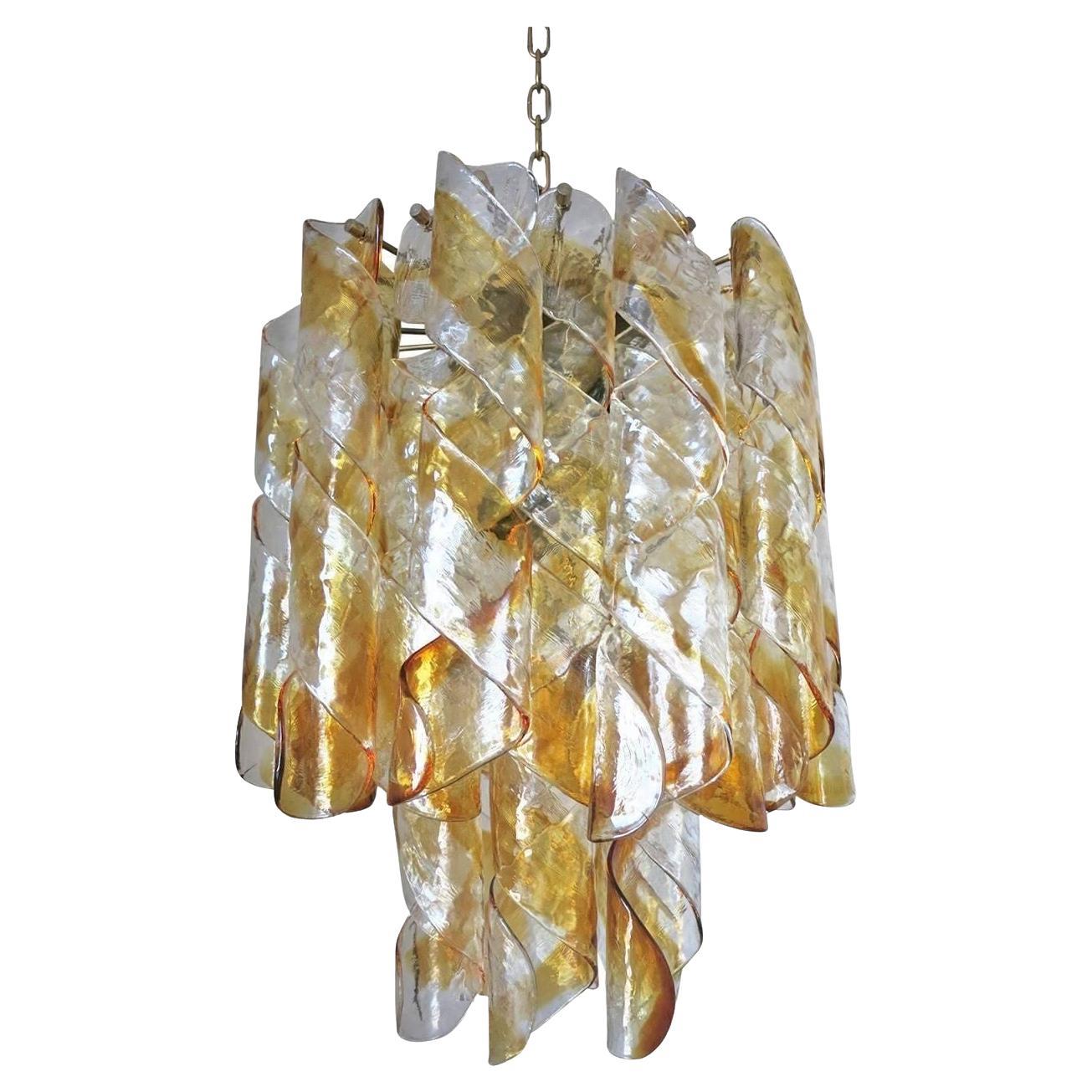 Vintage Italian Chandelier with Clear & Amber Glass by Mazzega