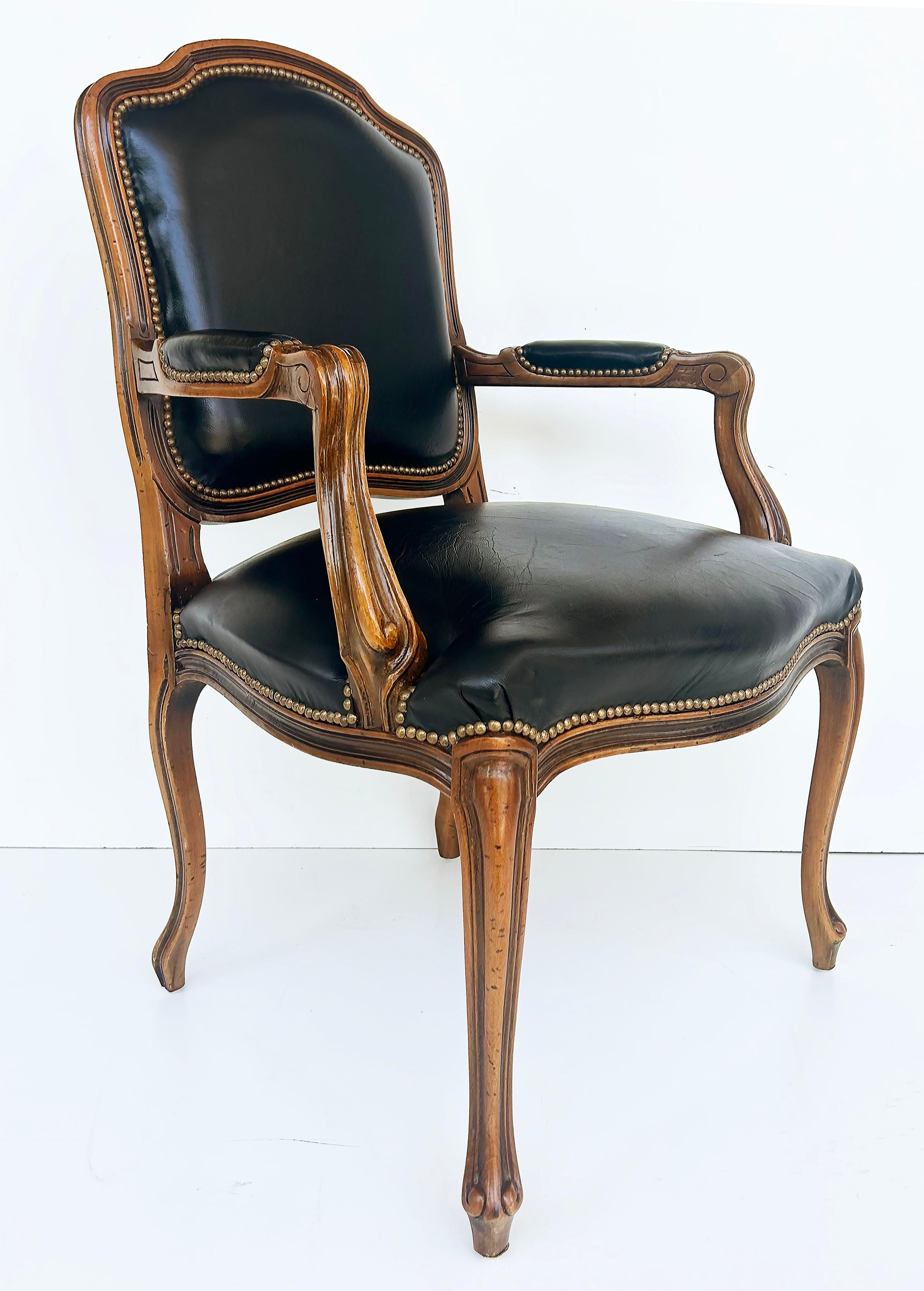 Carved Vintage Italian Chateau D'Ax Leather Armchairs with Brass Nailhead Details, Pair For Sale