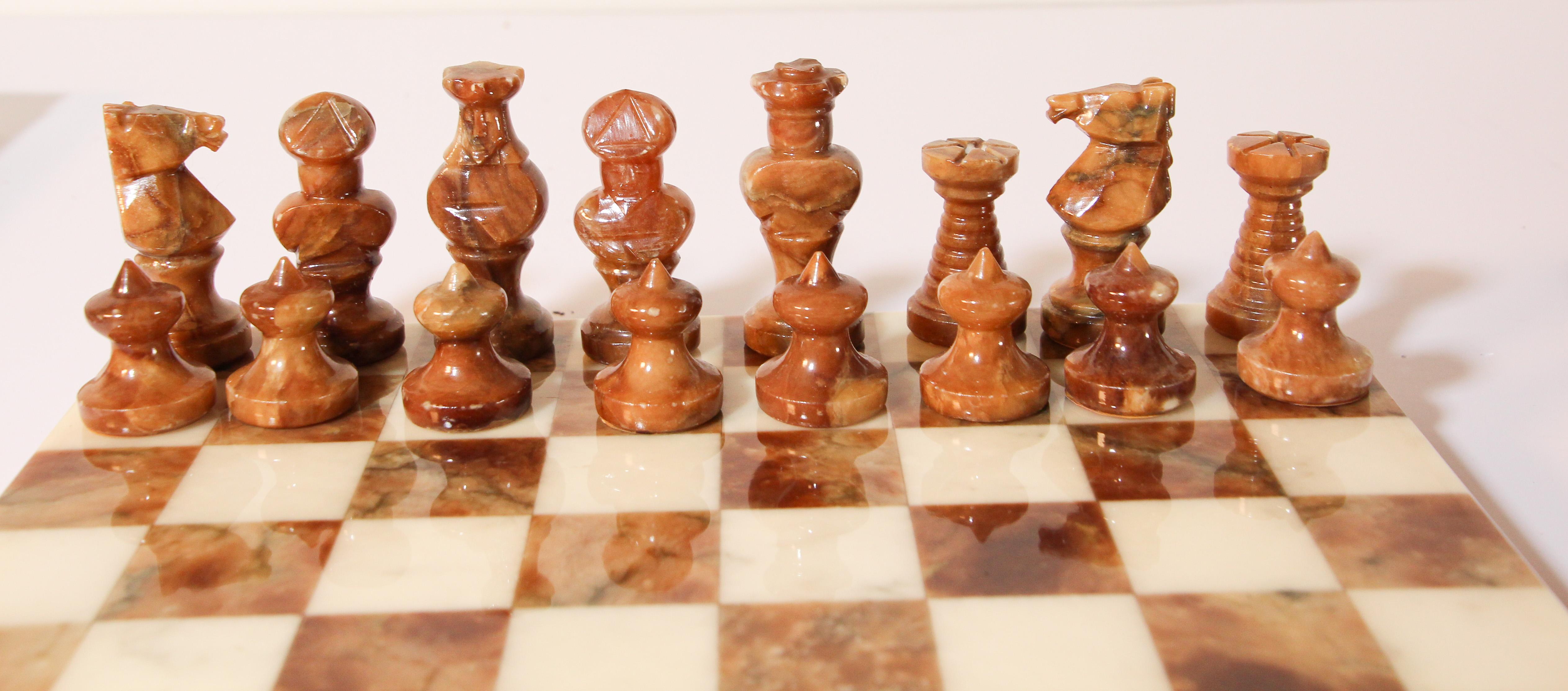 Onyx Vintage Italian Chess Board with Alabaster Carved Pieces