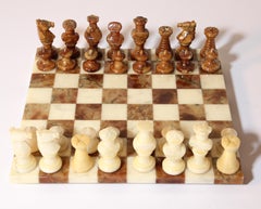 Vintage Italian Chess Board with Alabaster Carved Pieces