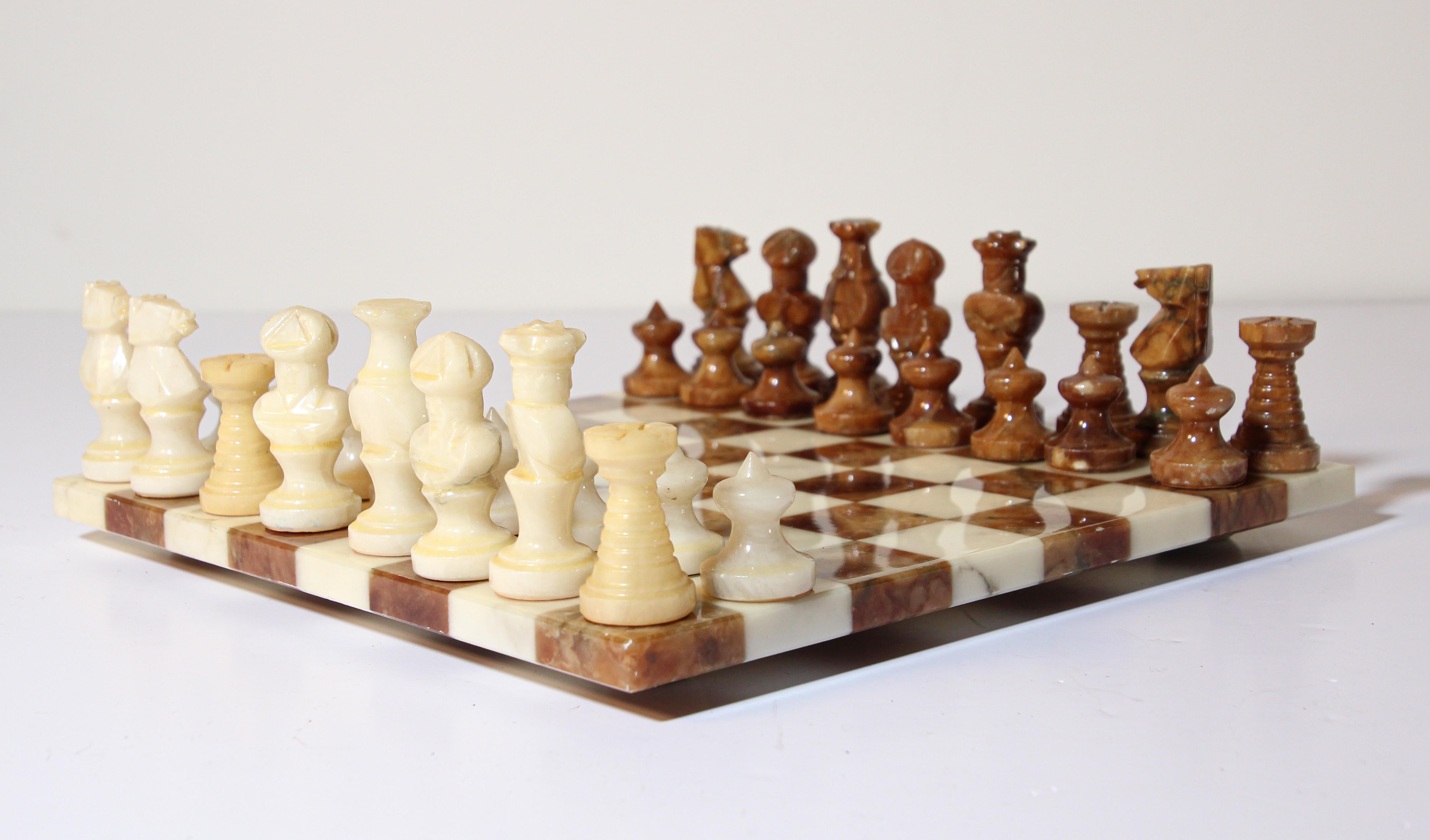 Mid-Century Modern Vintage Italian Chess Board with Alabaster Carved Pieces