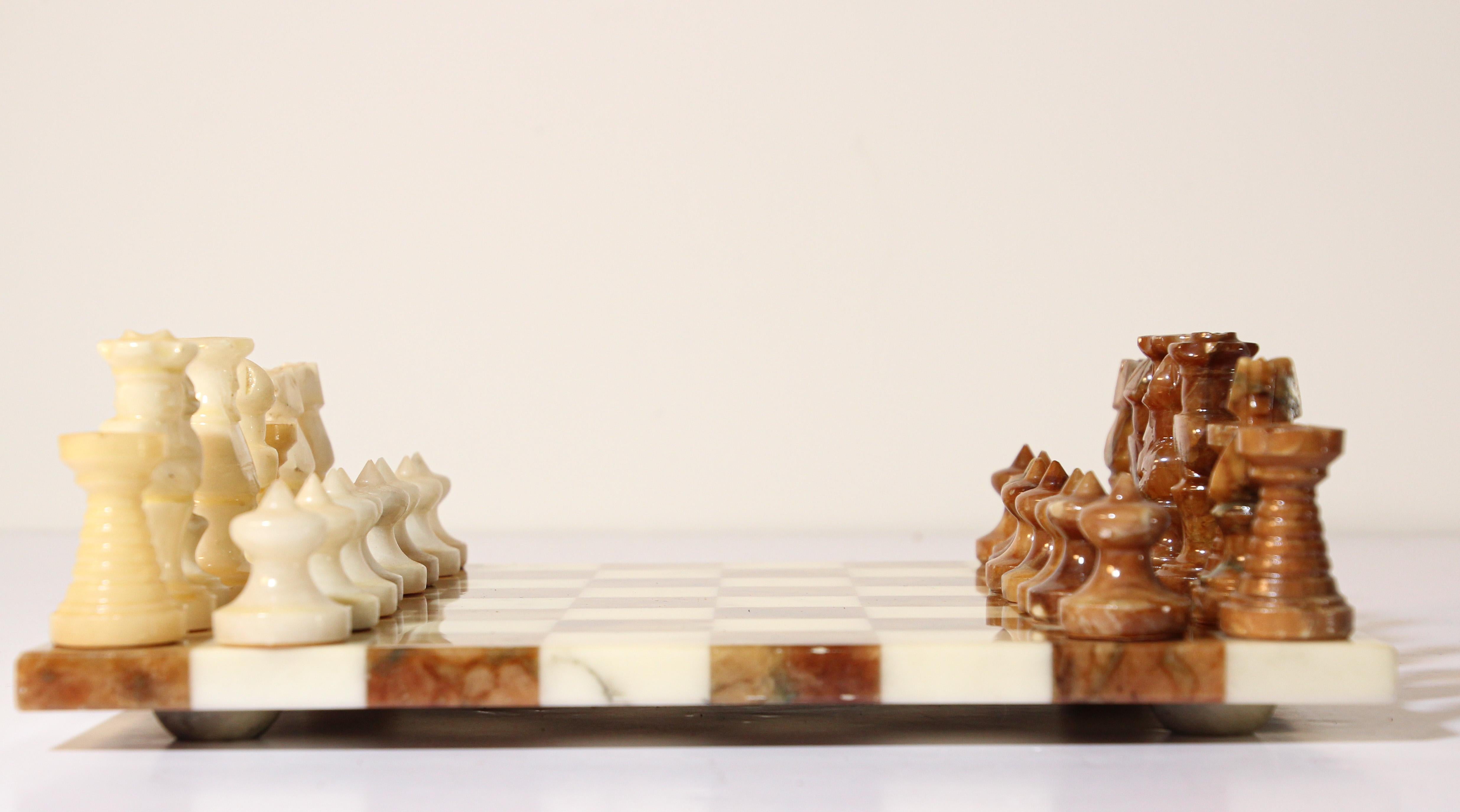 Hand-Carved Vintage Italian Chess Board with Alabaster Carved Pieces