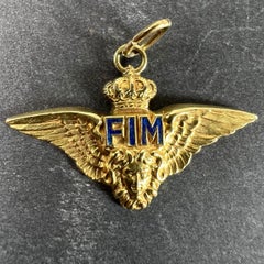 Vintage Italian Chiappe Air Force FIM Wings Crown 18K Yellow Gold Enamel Pendant