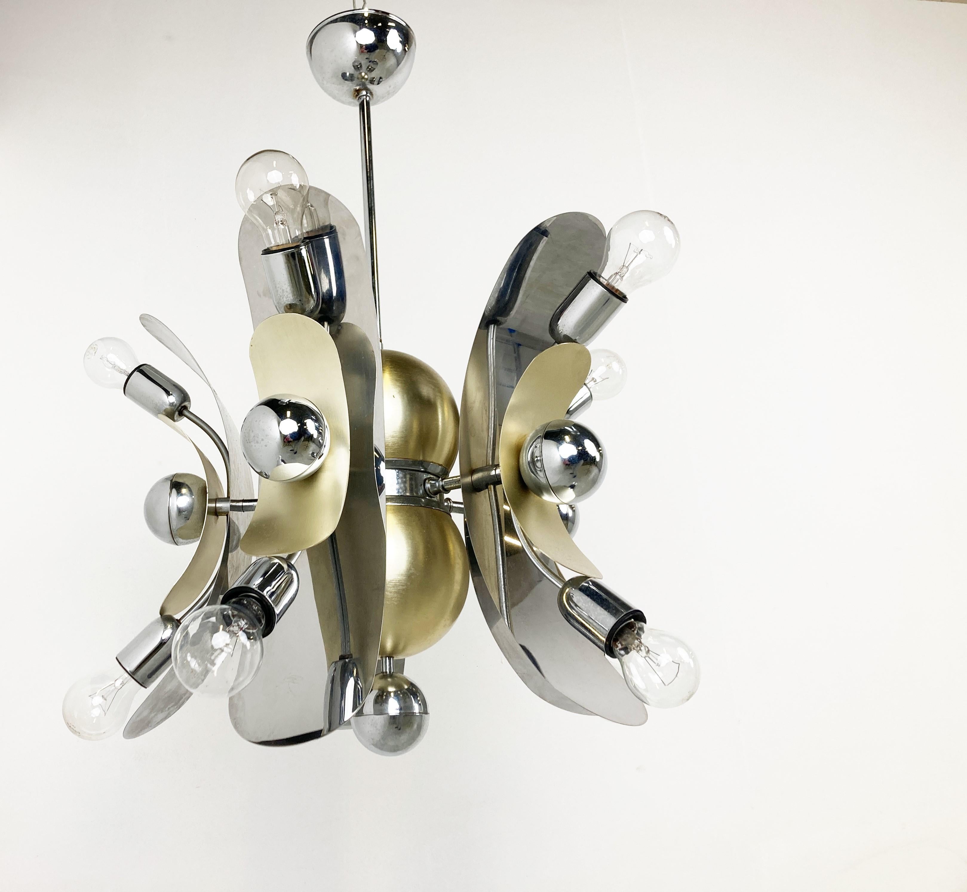 Vintage Italian Chrome and Brass Chandelier, 1970s For Sale 4