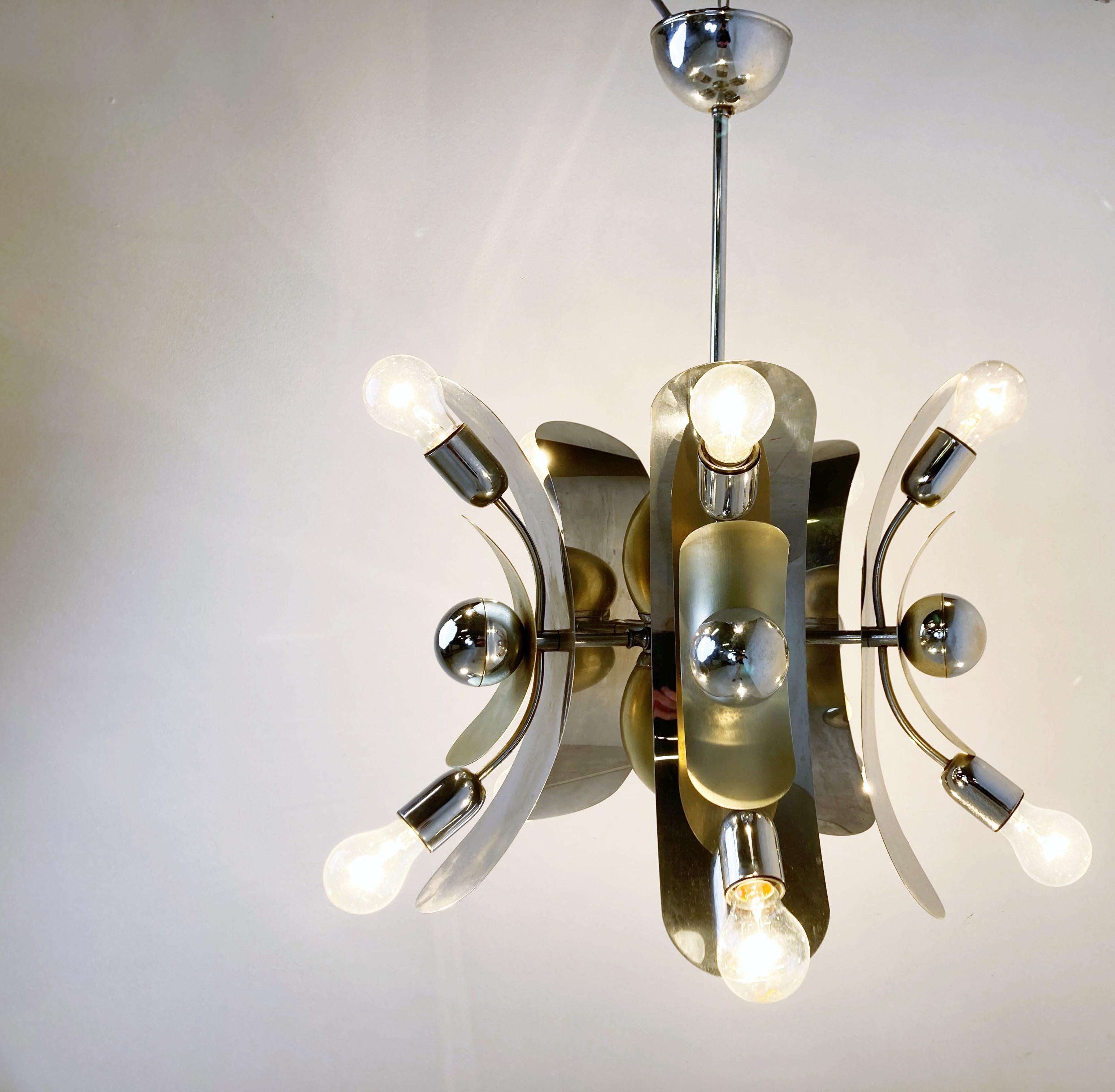 Space Age Vintage Italian Chrome and Brass Chandelier, 1970s For Sale