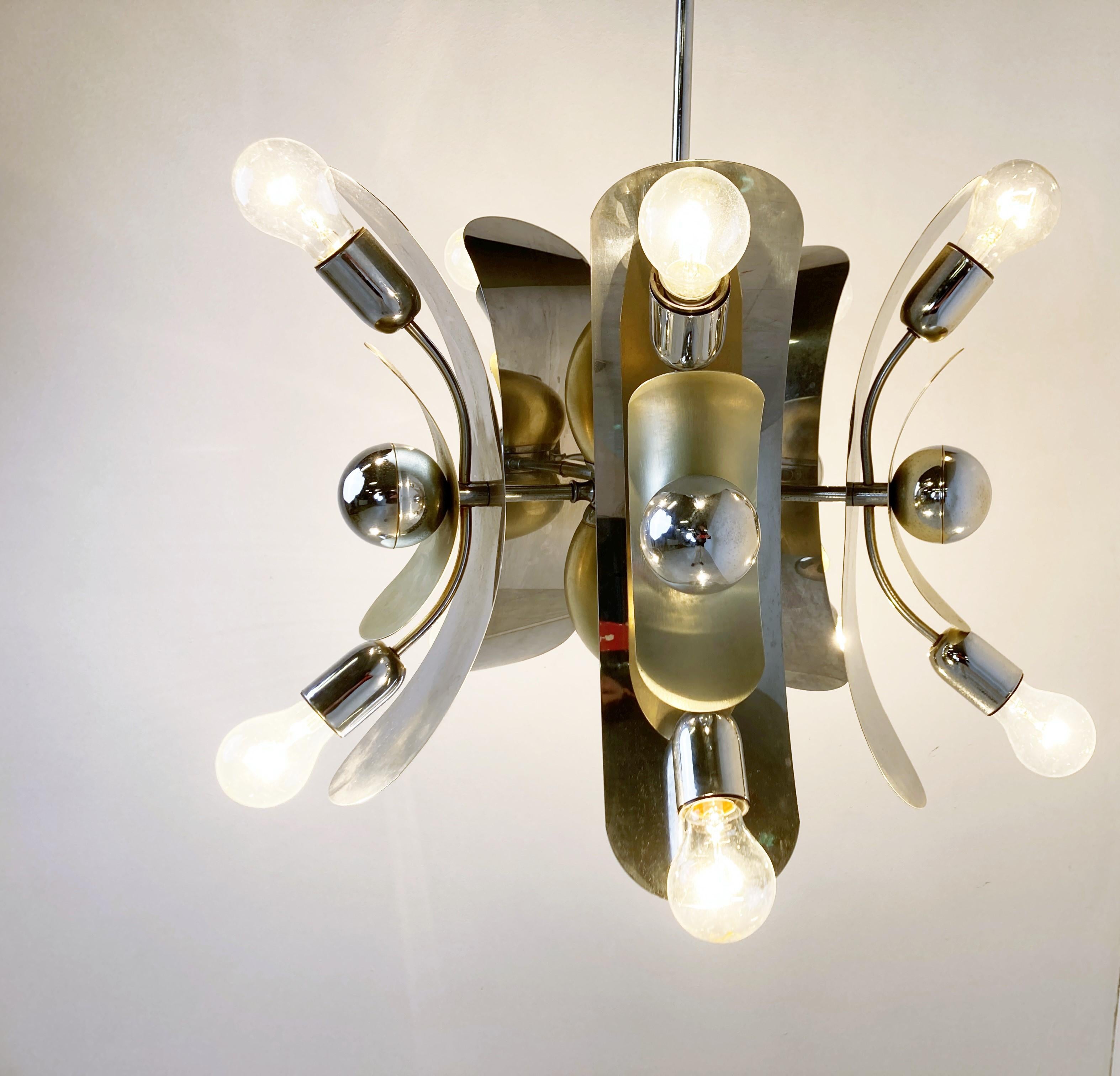 Vintage Italian Chrome and Brass Chandelier, 1970s In Good Condition For Sale In HEVERLEE, BE