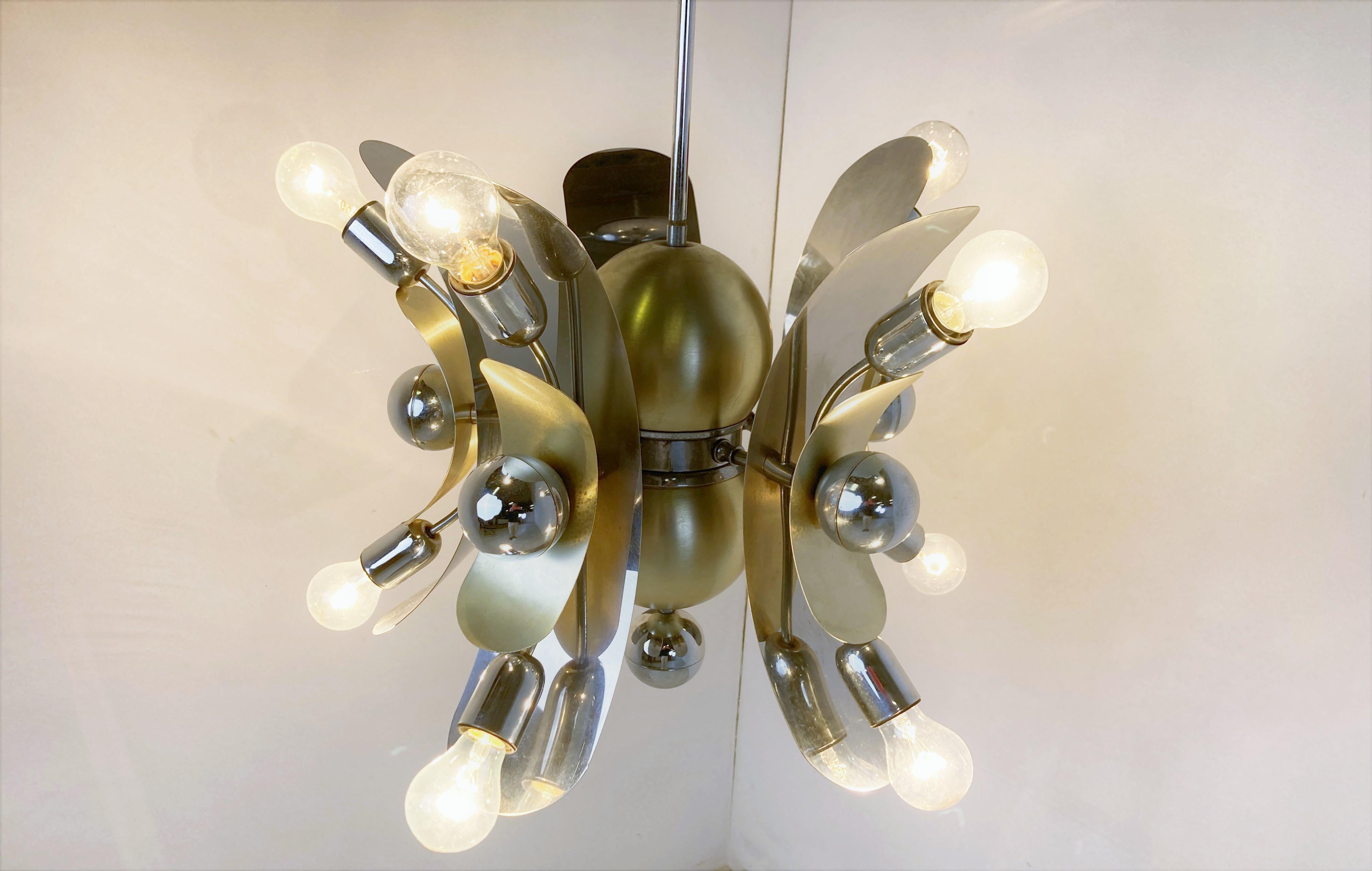 Late 20th Century Vintage Italian Chrome and Brass Chandelier, 1970s For Sale