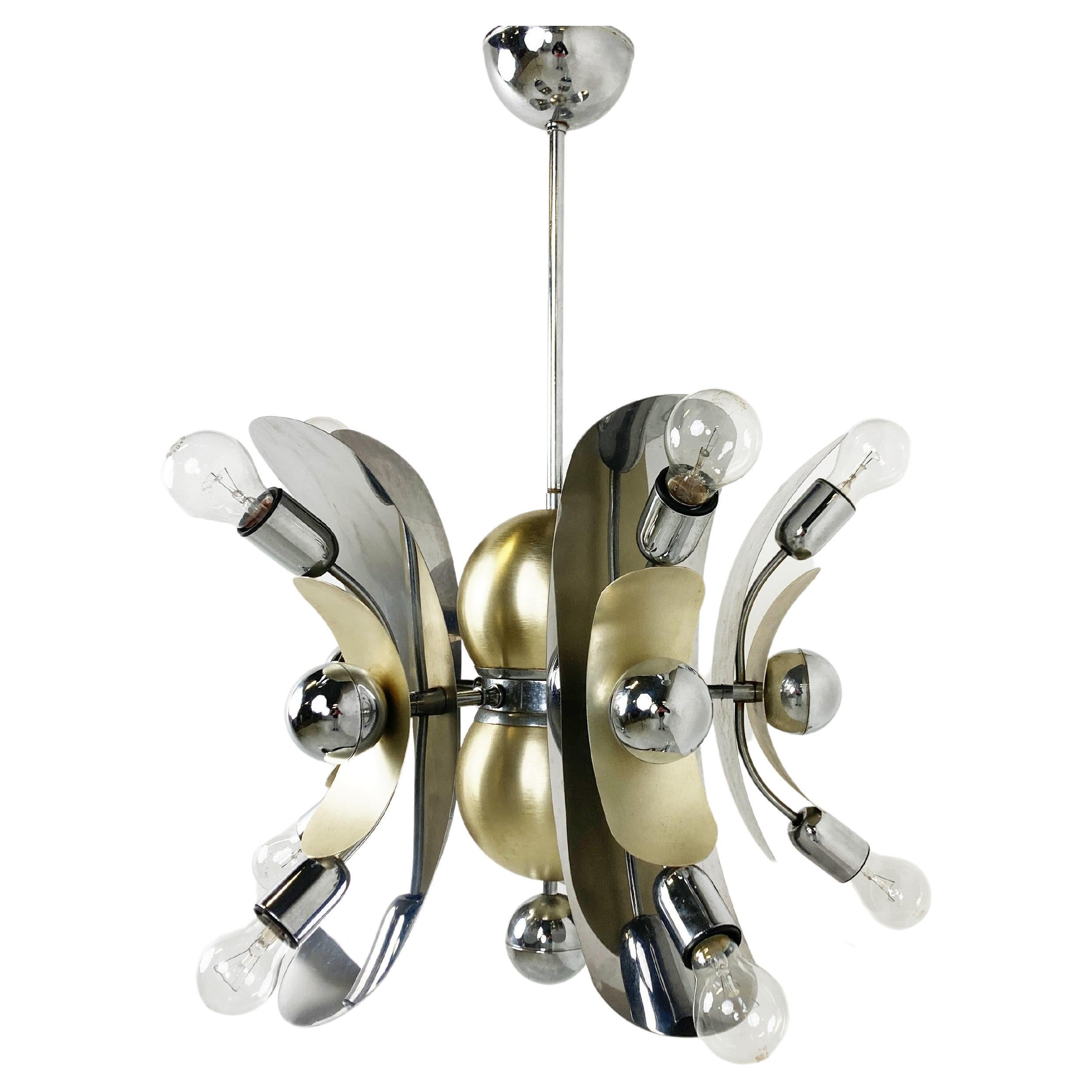 Vintage Italian Chrome and Brass Chandelier, 1970s For Sale