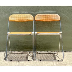Vintage Italian Chrome And Cane Folding Chairs - A Pair