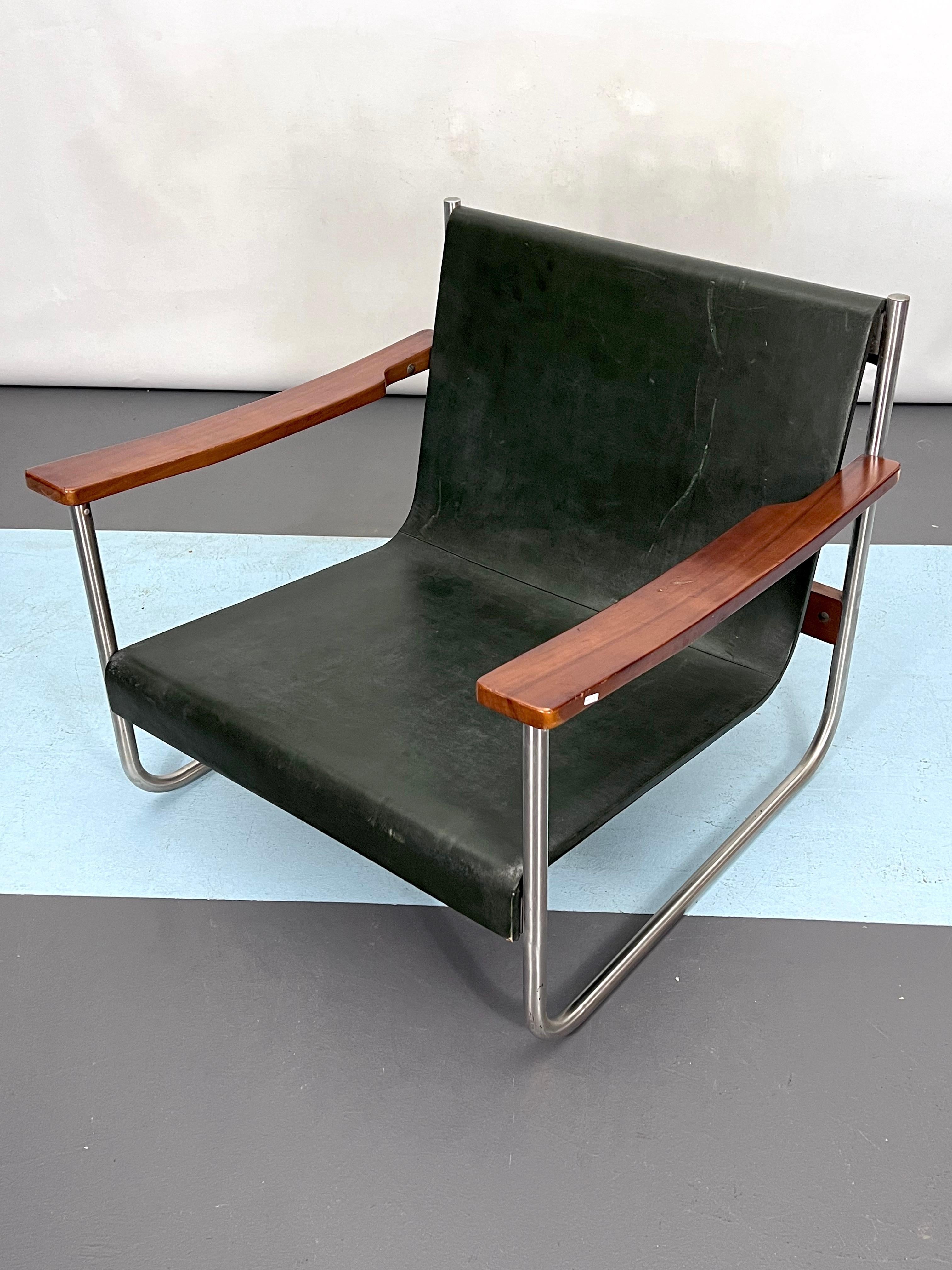 Leather Vintage Italian chrome and leather Lounge chair from 60s For Sale