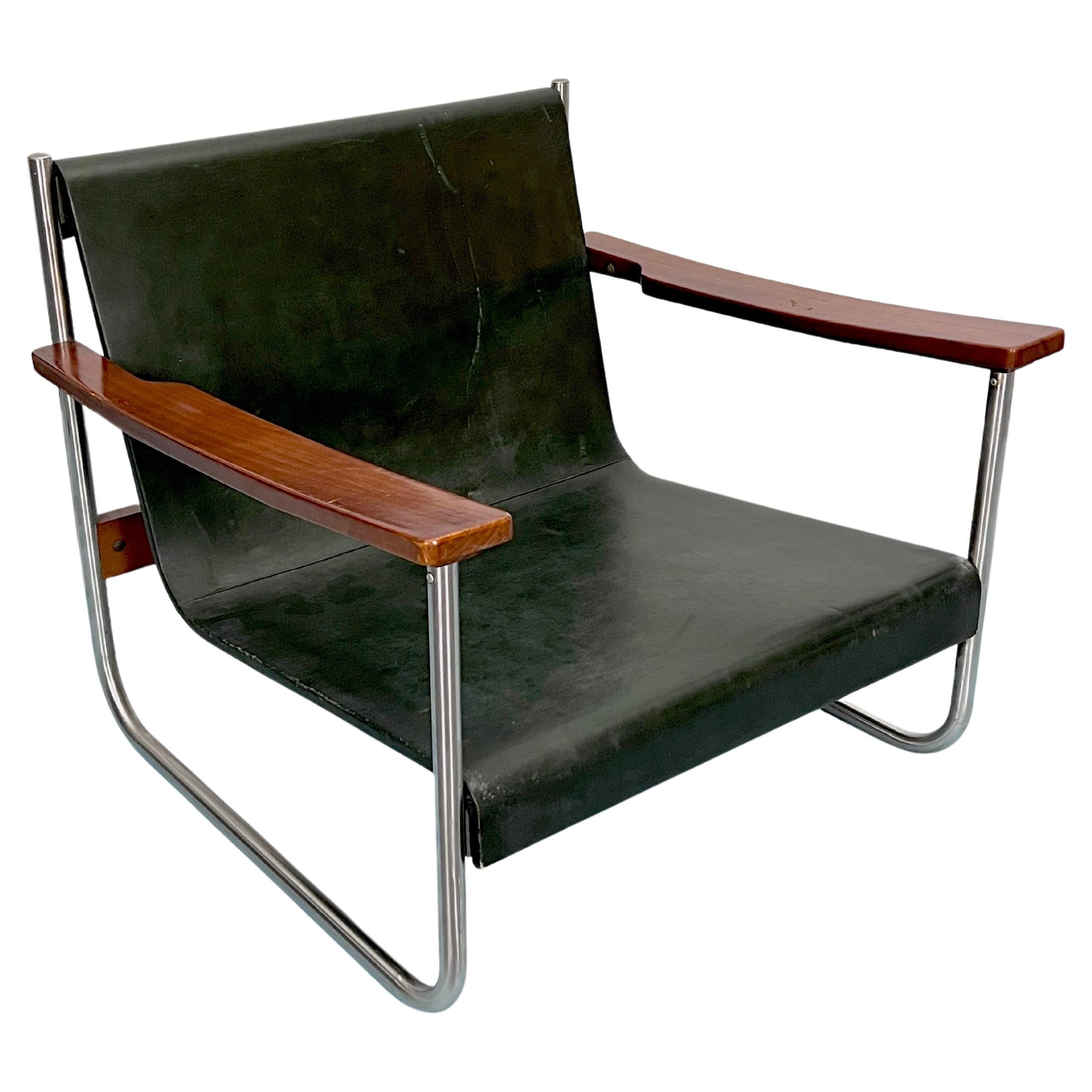 Vintage Italian chrome and leather Lounge chair from 60s For Sale