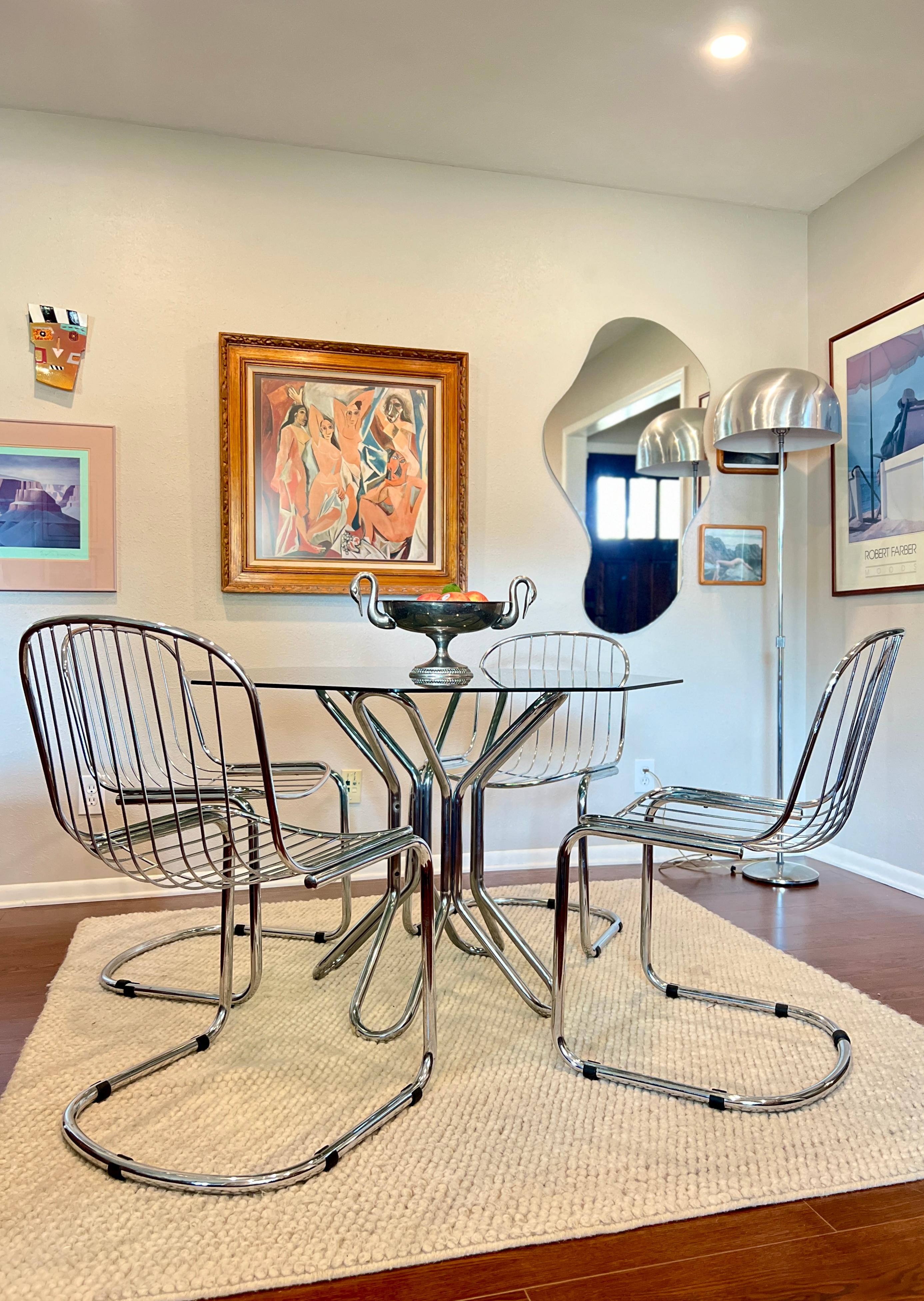 Vintage set of 4 Italian Chrome MCM Dining chairs Style of Gastone Rinaldi In Good Condition In Houston, TX