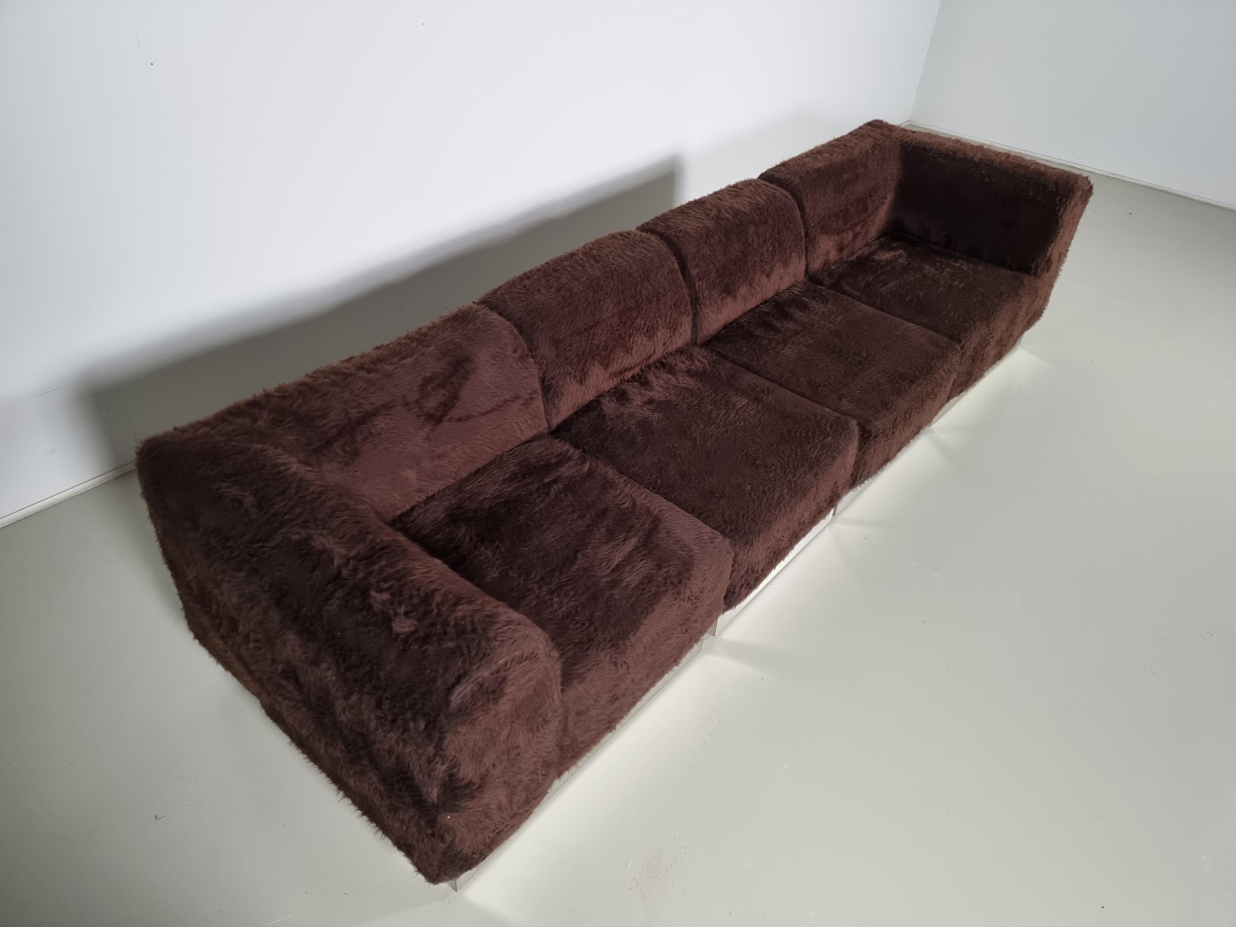 Mid-Century Modern Vintage Italian Chrome Plated Sectional Sofa with Faux Fur, 1970s For Sale