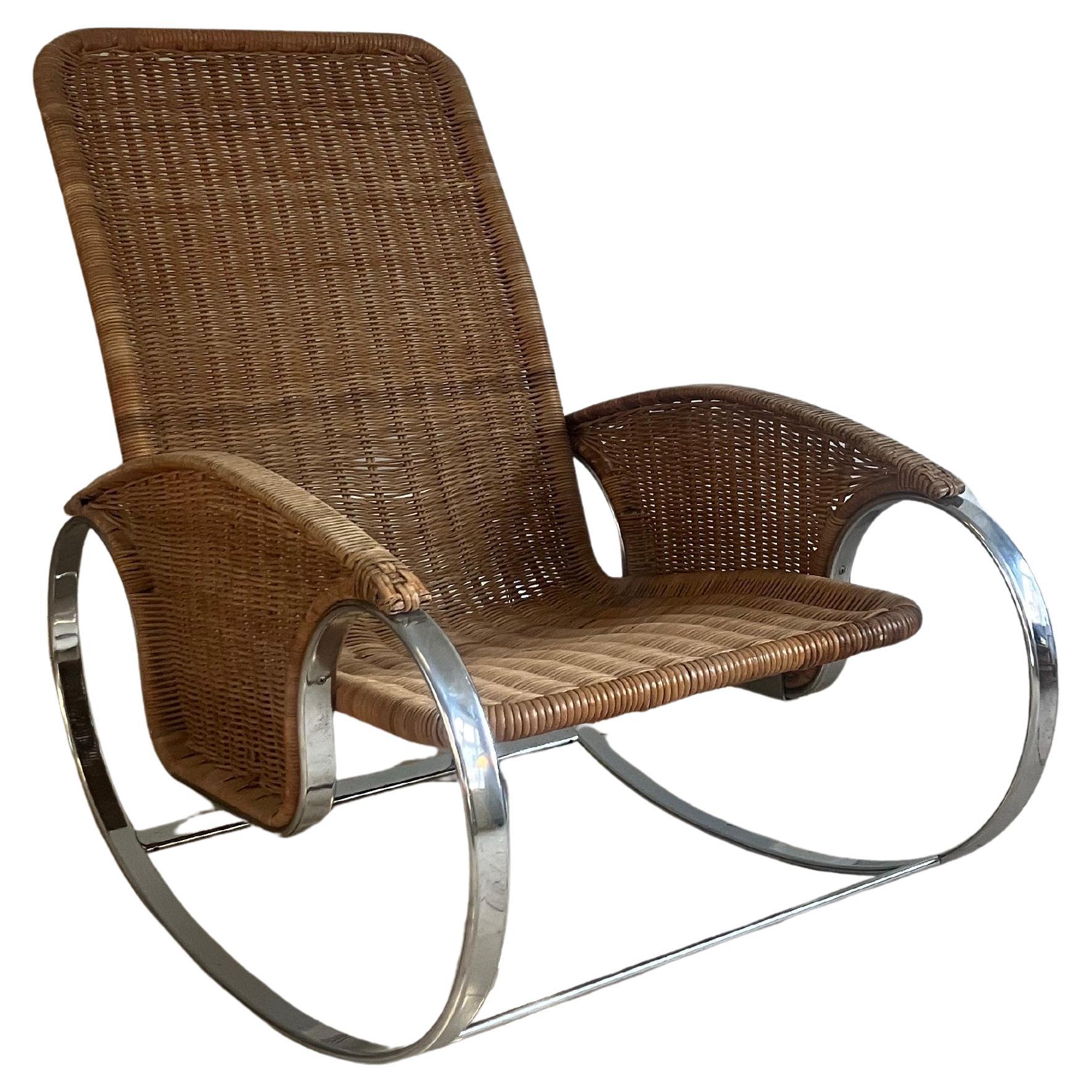 Vintage Italian Chrome, Wicker and Rattan Rocking Chair, ca. 1970s