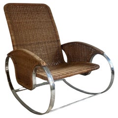 Vintage Italian Chrome, Wicker and Rattan Rocking Chair, ca. 1970s