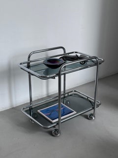 Vintage italian chromed bar cart for drinks with wheels, 1970's space age object