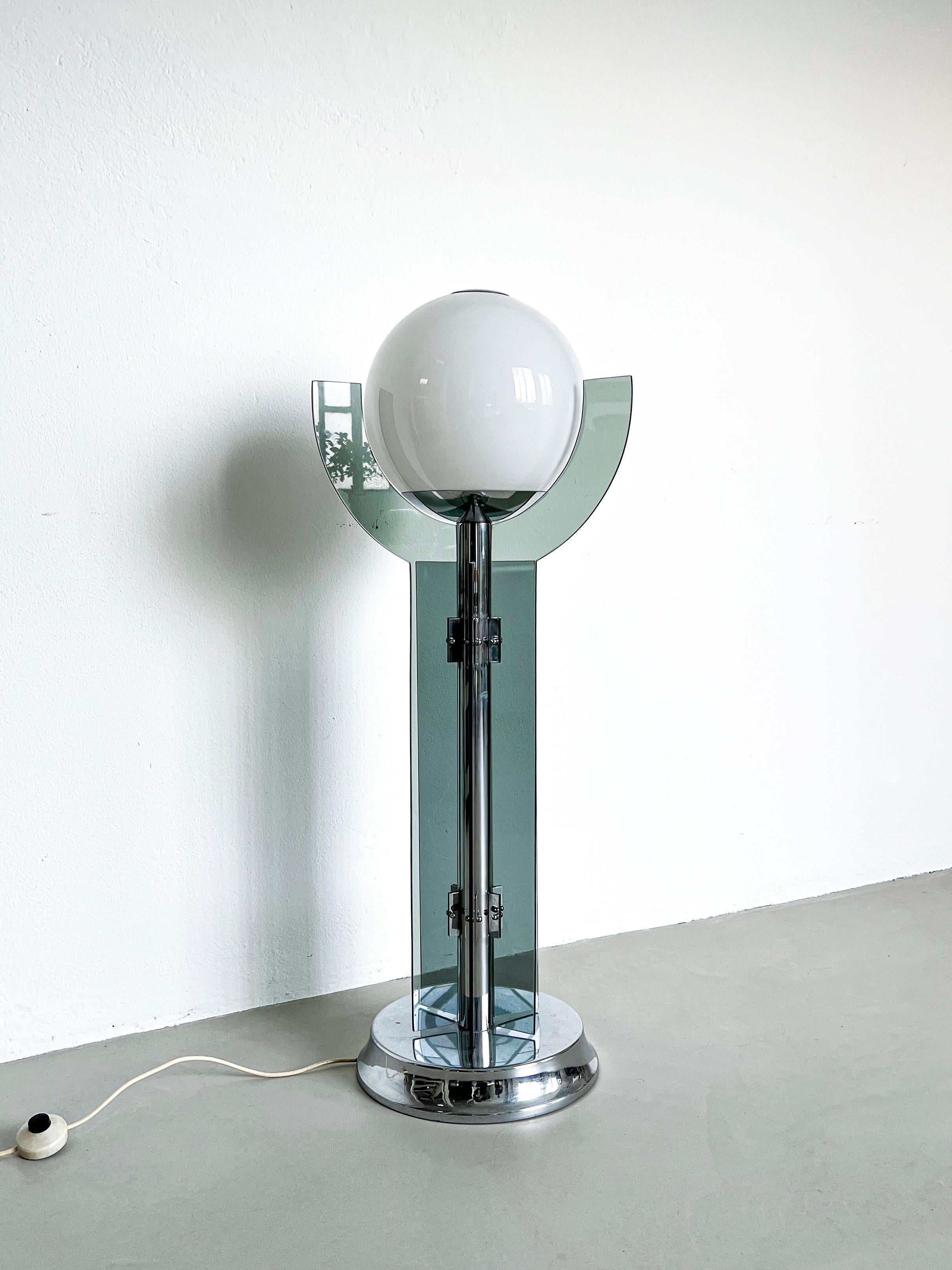Space Age Vintage Italian Chromed Floor Lamp with Opaline Ball and Smoked Glass Blades For Sale