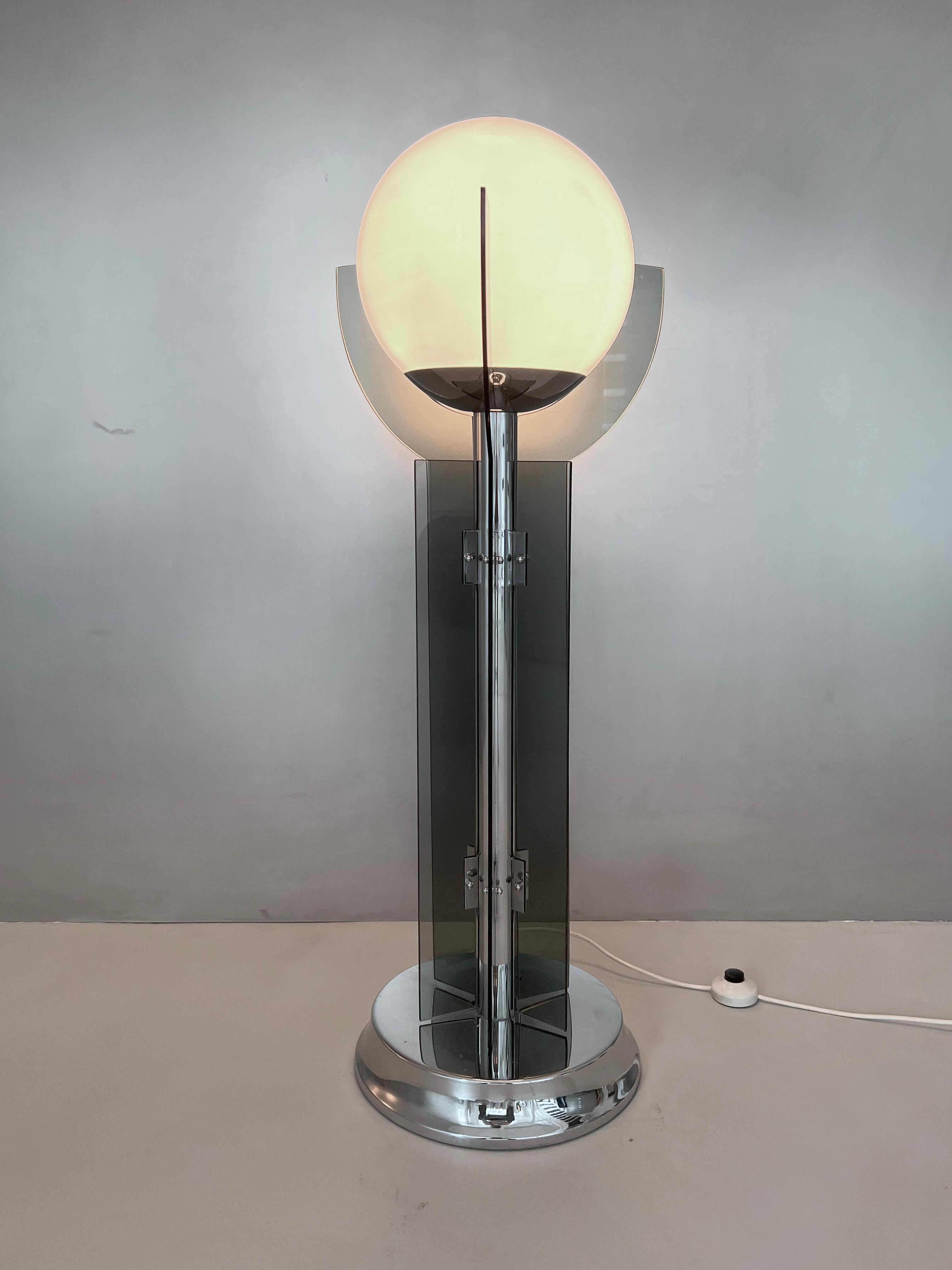Opaline Glass Vintage Italian Chromed Floor Lamp with Opaline Ball and Smoked Glass Blades For Sale