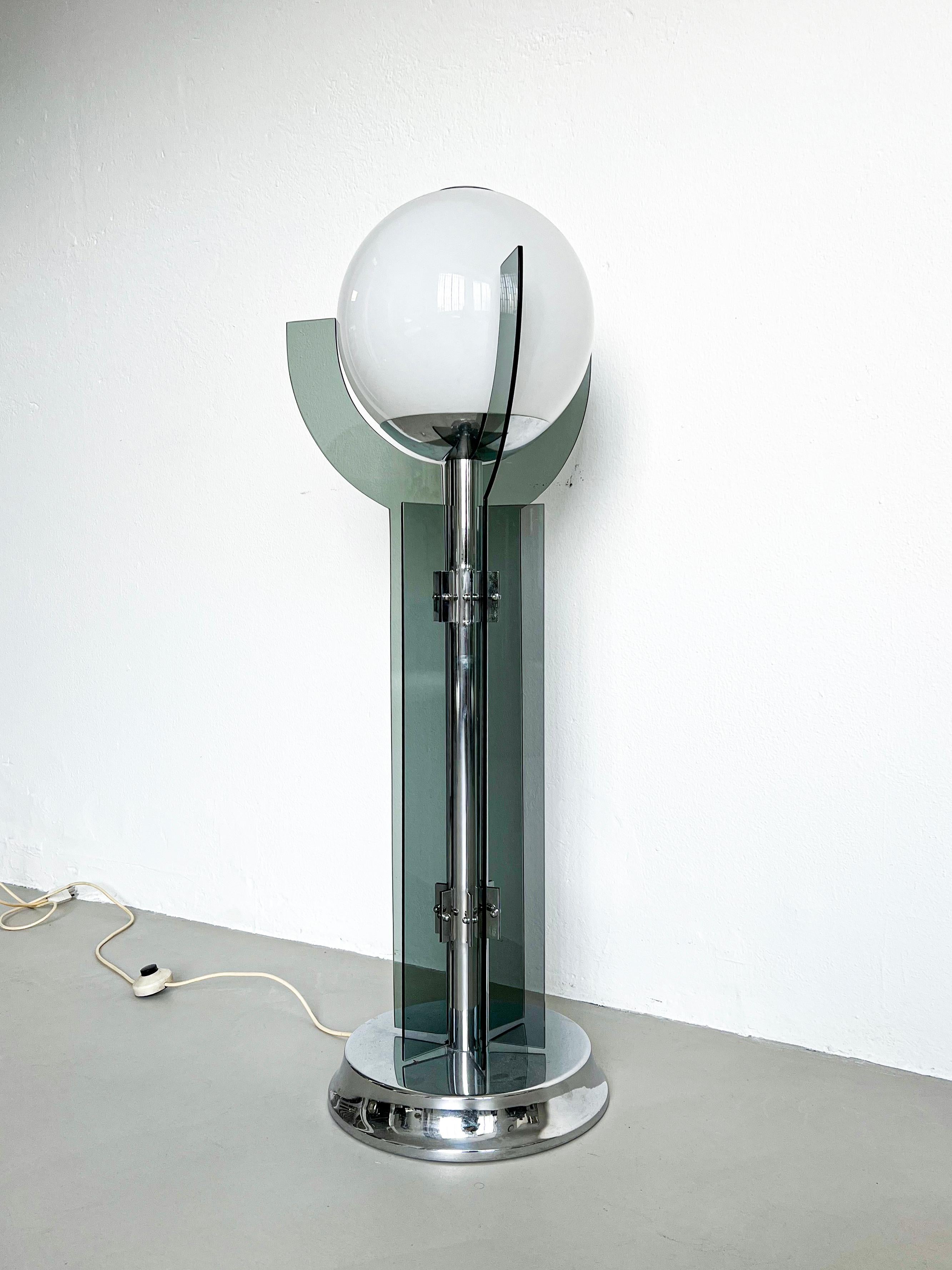 Vintage Italian Chromed Floor Lamp with Opaline Ball and Smoked Glass Blades For Sale 2