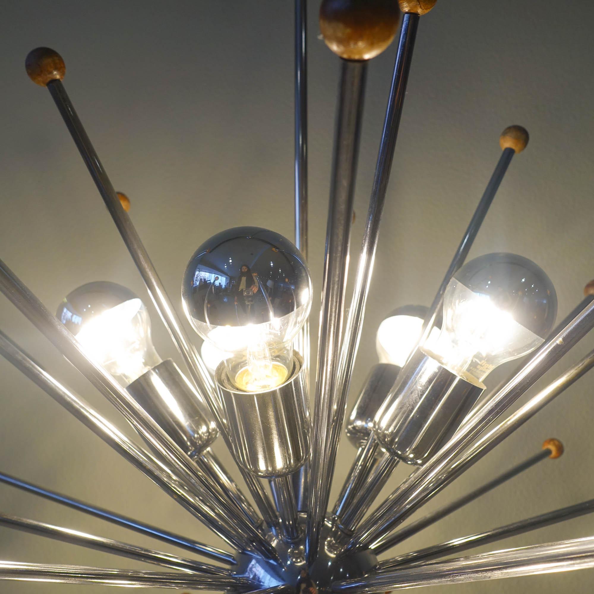 Vintage Italian Chromed Steel and Teak Sputnik Ceiling Lamp, 1970s 3