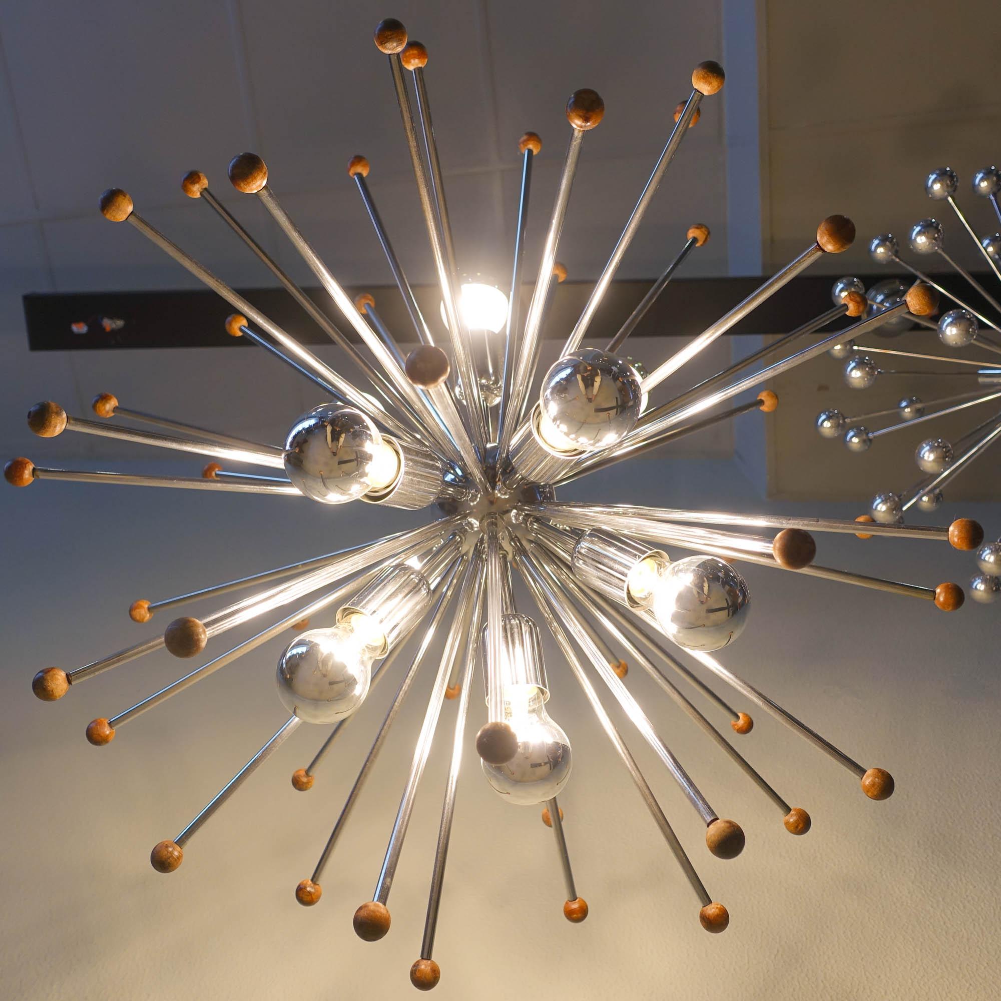 Vintage Italian Chromed Steel and Teak Sputnik Ceiling Lamp, 1970s 7