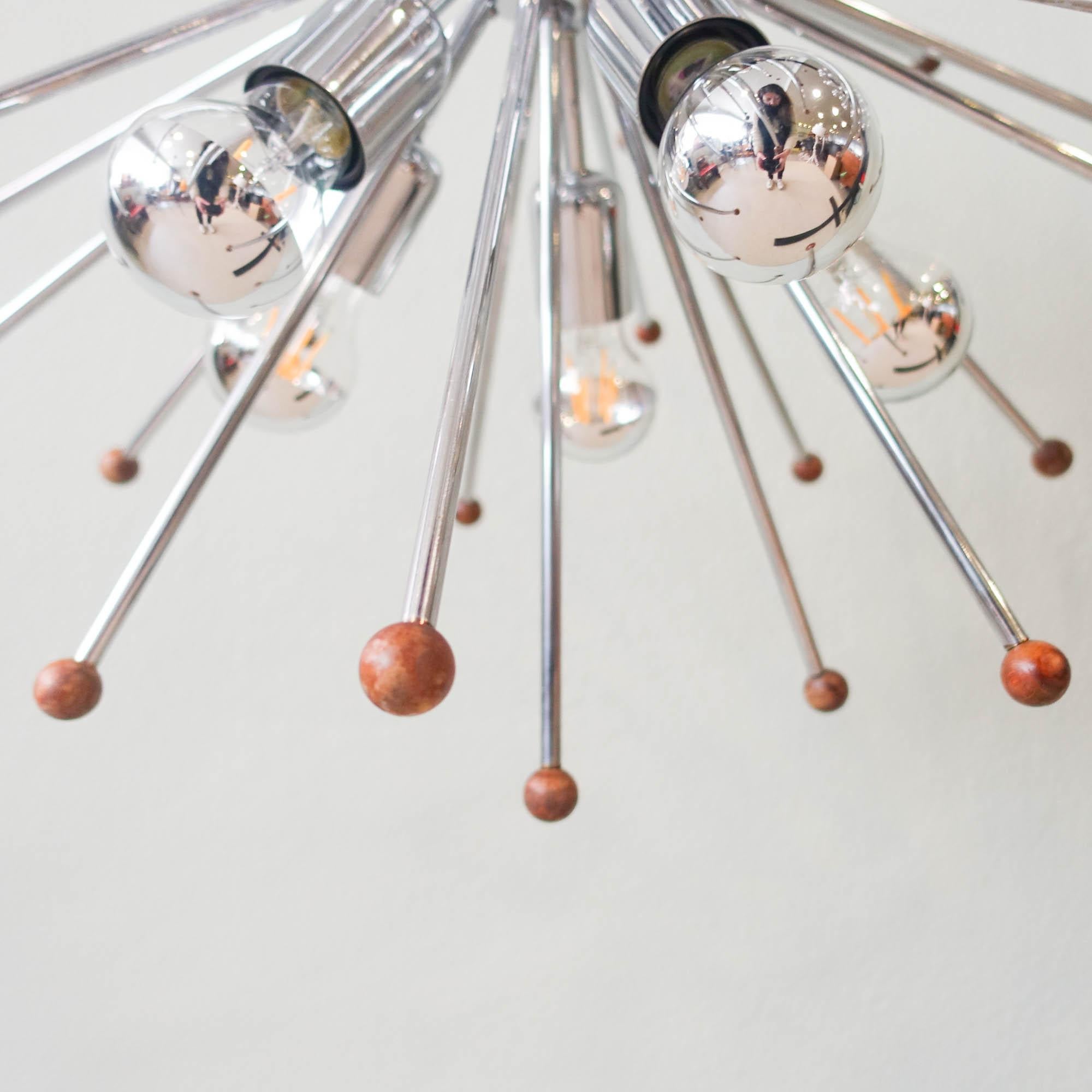 Vintage Italian Chromed Steel and Teak Sputnik Ceiling Lamp, 1970s 9