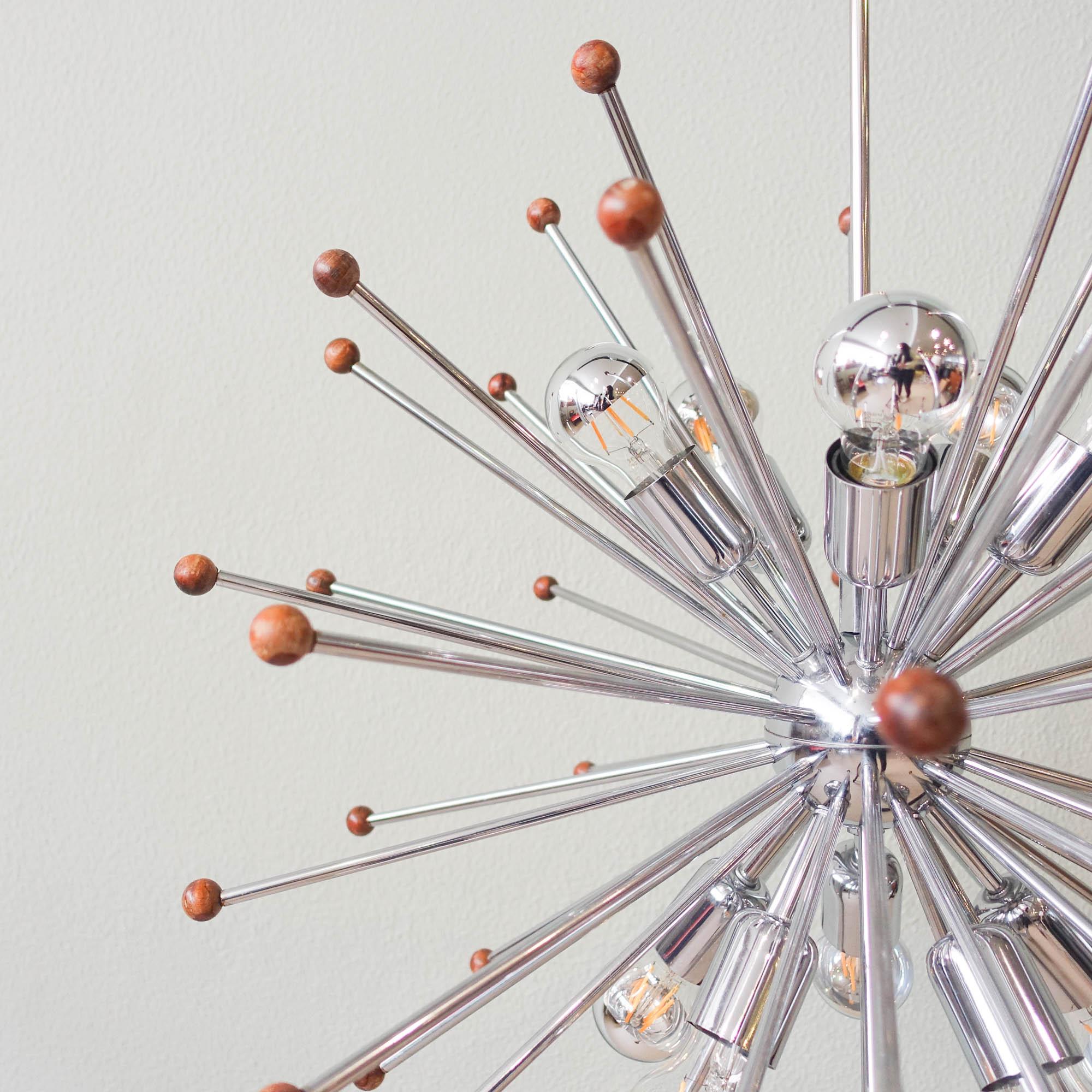 Vintage Italian Chromed Steel and Teak Sputnik Ceiling Lamp, 1970s In Good Condition In Lisboa, PT