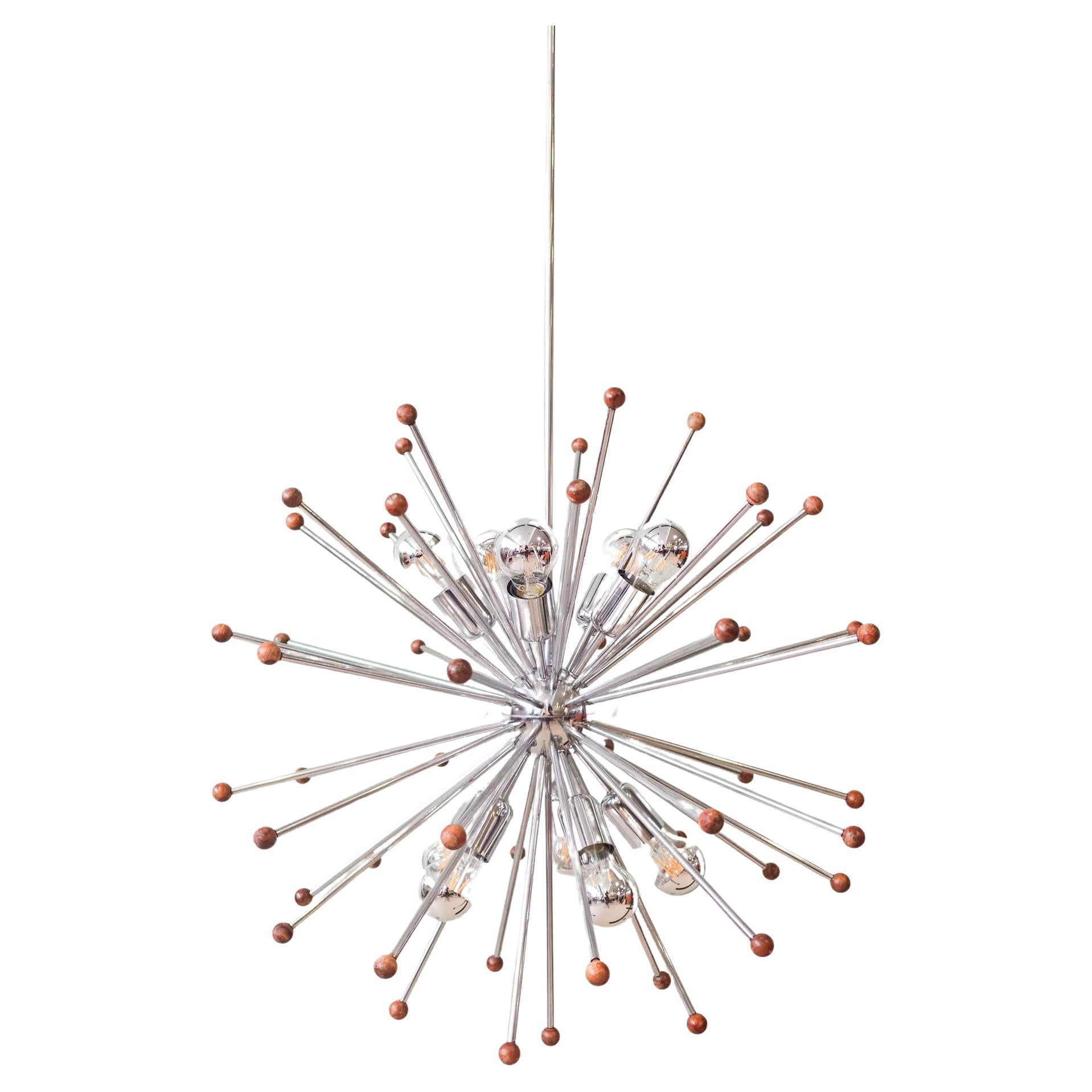 Vintage Italian Chromed Steel and Teak Sputnik Ceiling Lamp, 1970s